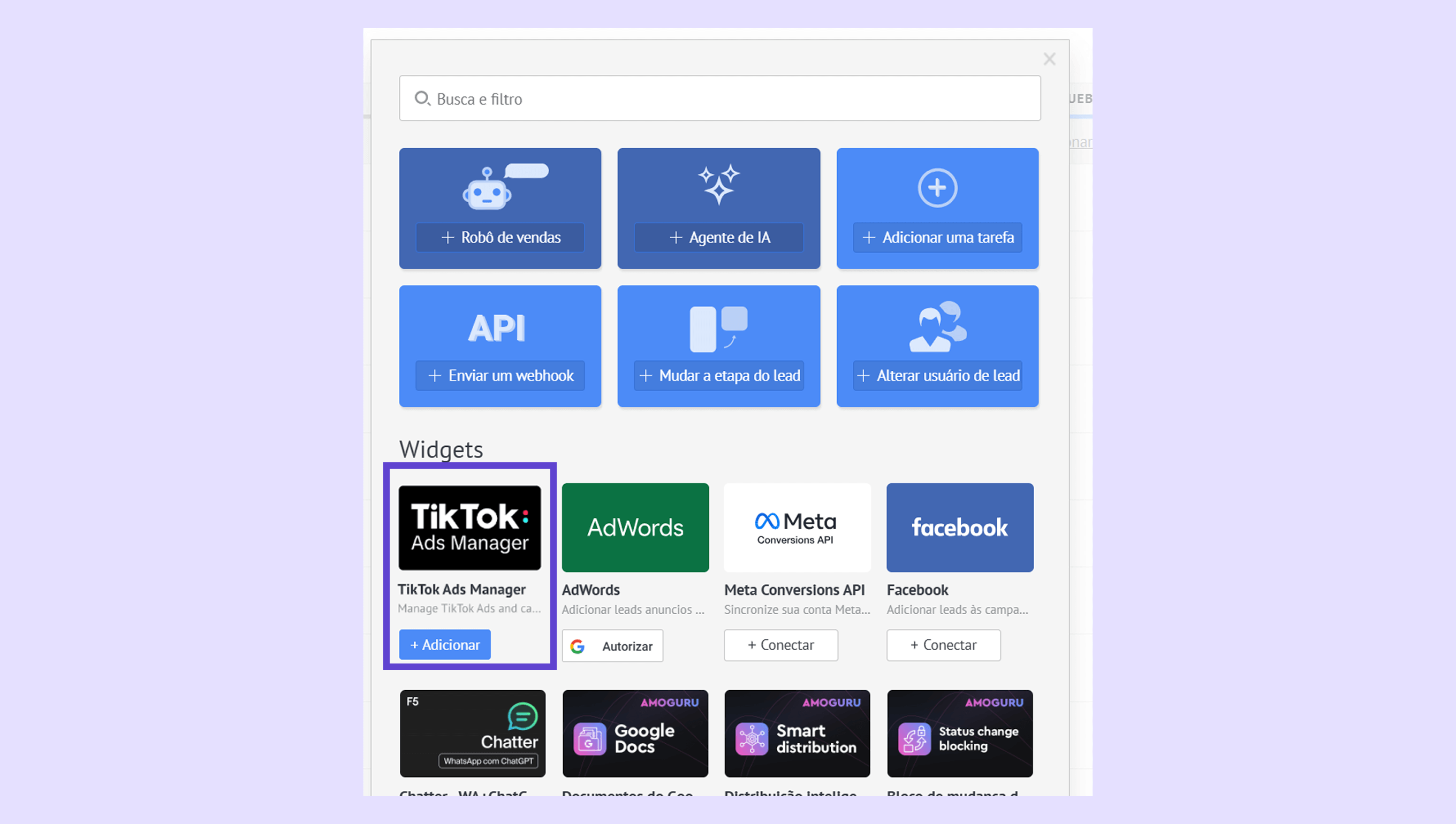 Interface displaying various widgets including TikTok Ads Manager for managing ads.