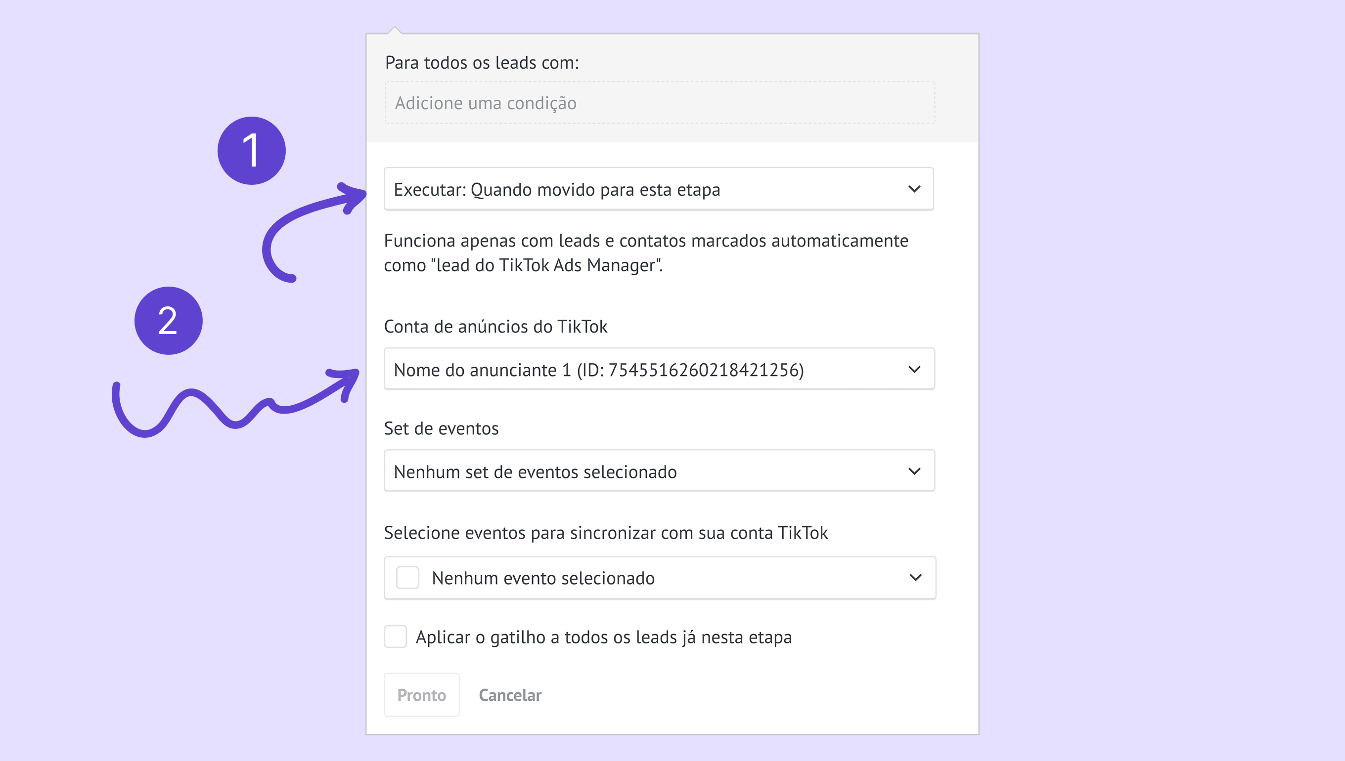 Instructions for setting up TikTok Ads Manager lead conditions and event selections.