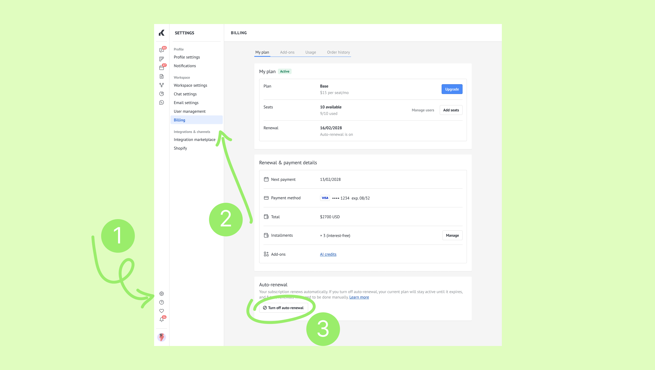 Settings page displaying billing details, plan information, and auto-renewal options.