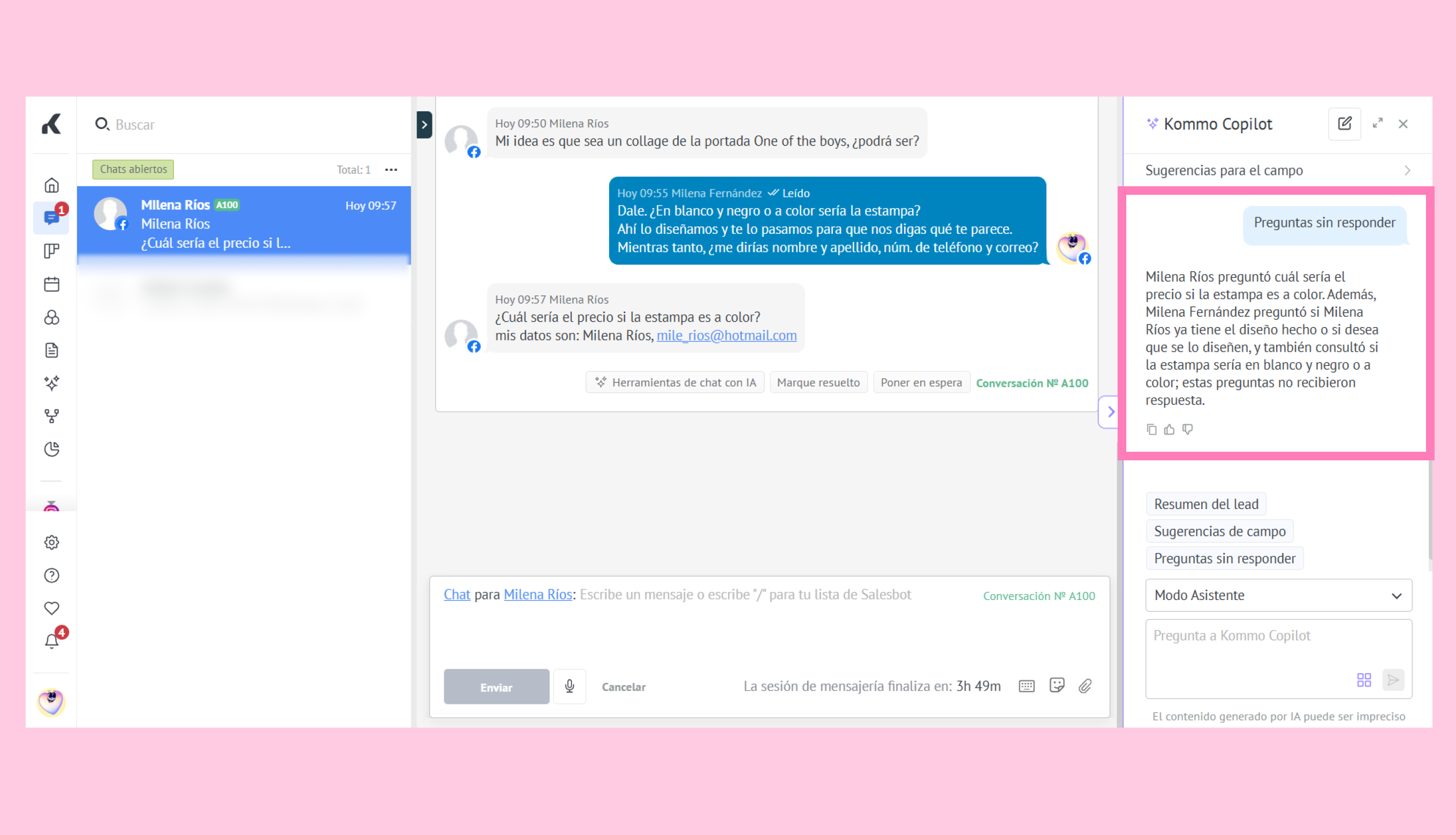Chat interface showing conversation about design and pricing inquiries.