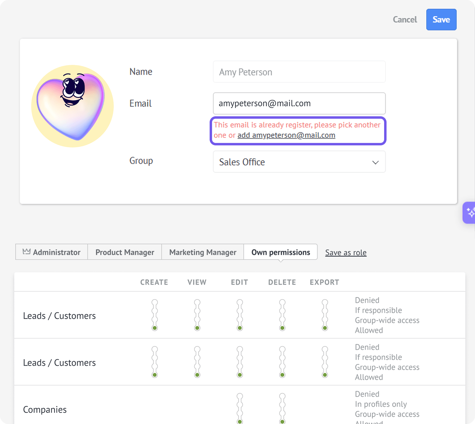 Already registered email message with a link to add the existing user.