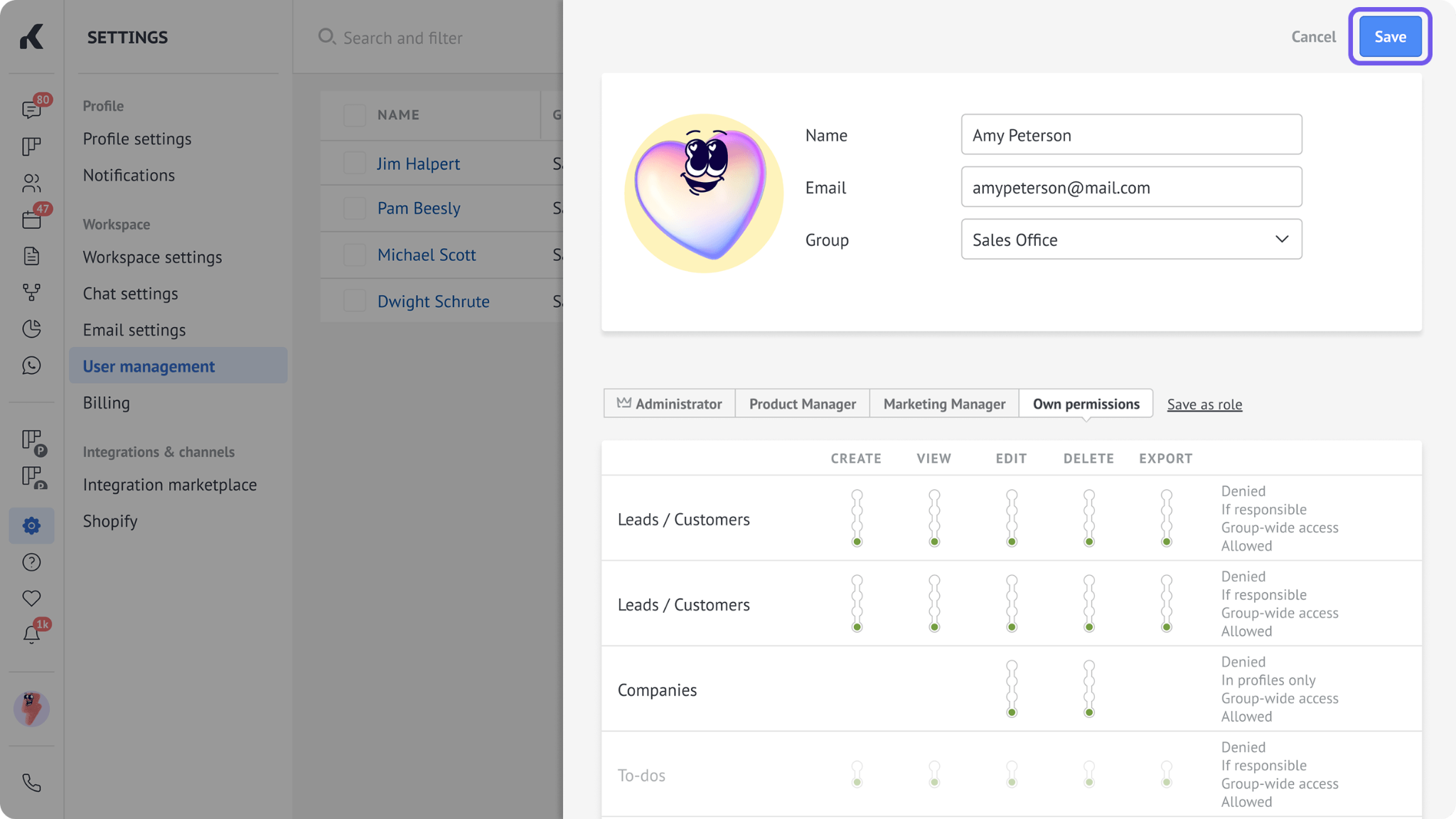 New user’s details and permissions with the Save button highlighted.