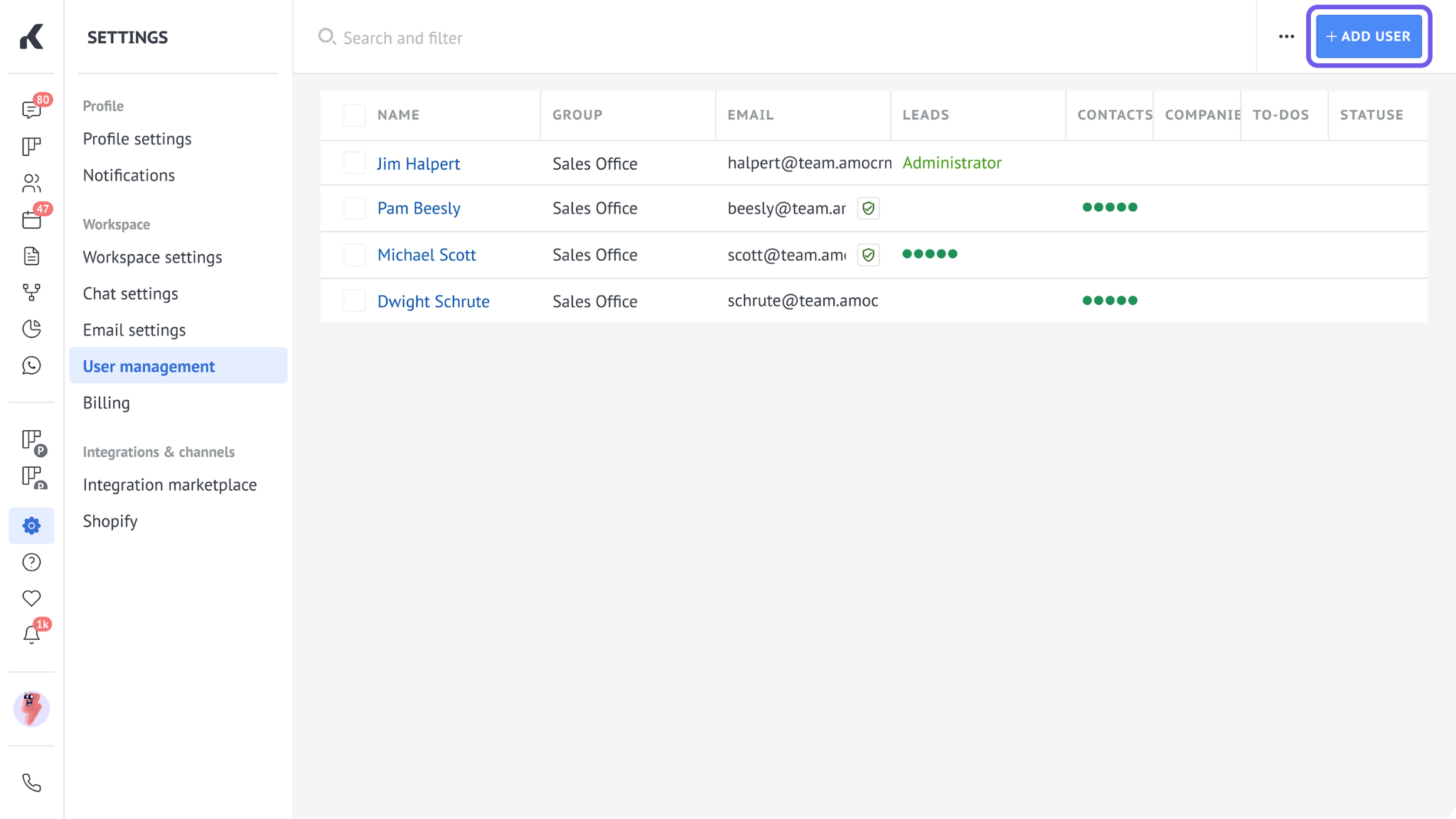 Add user button in Kommo User management.