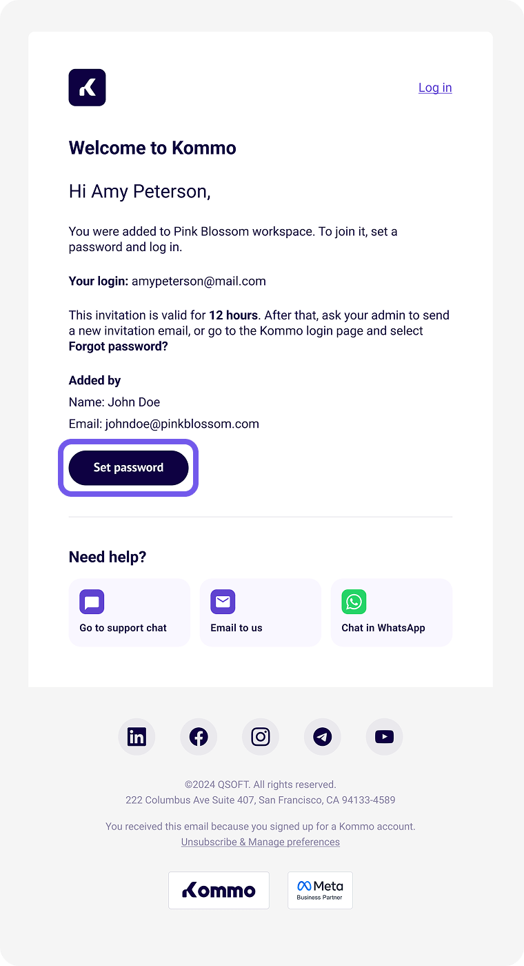 Kommo invitation email with the Set password button highlighted.