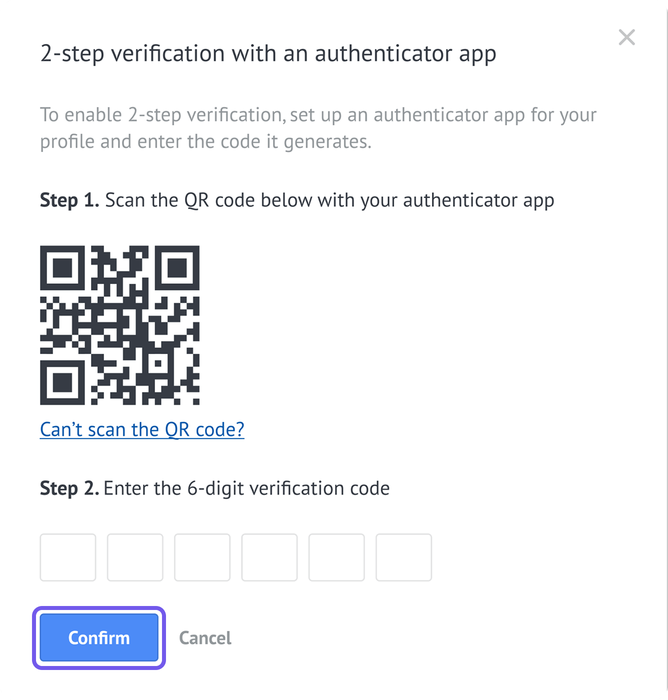 Authenticator app setup window with a QR code, code fields, and the Confirm button.