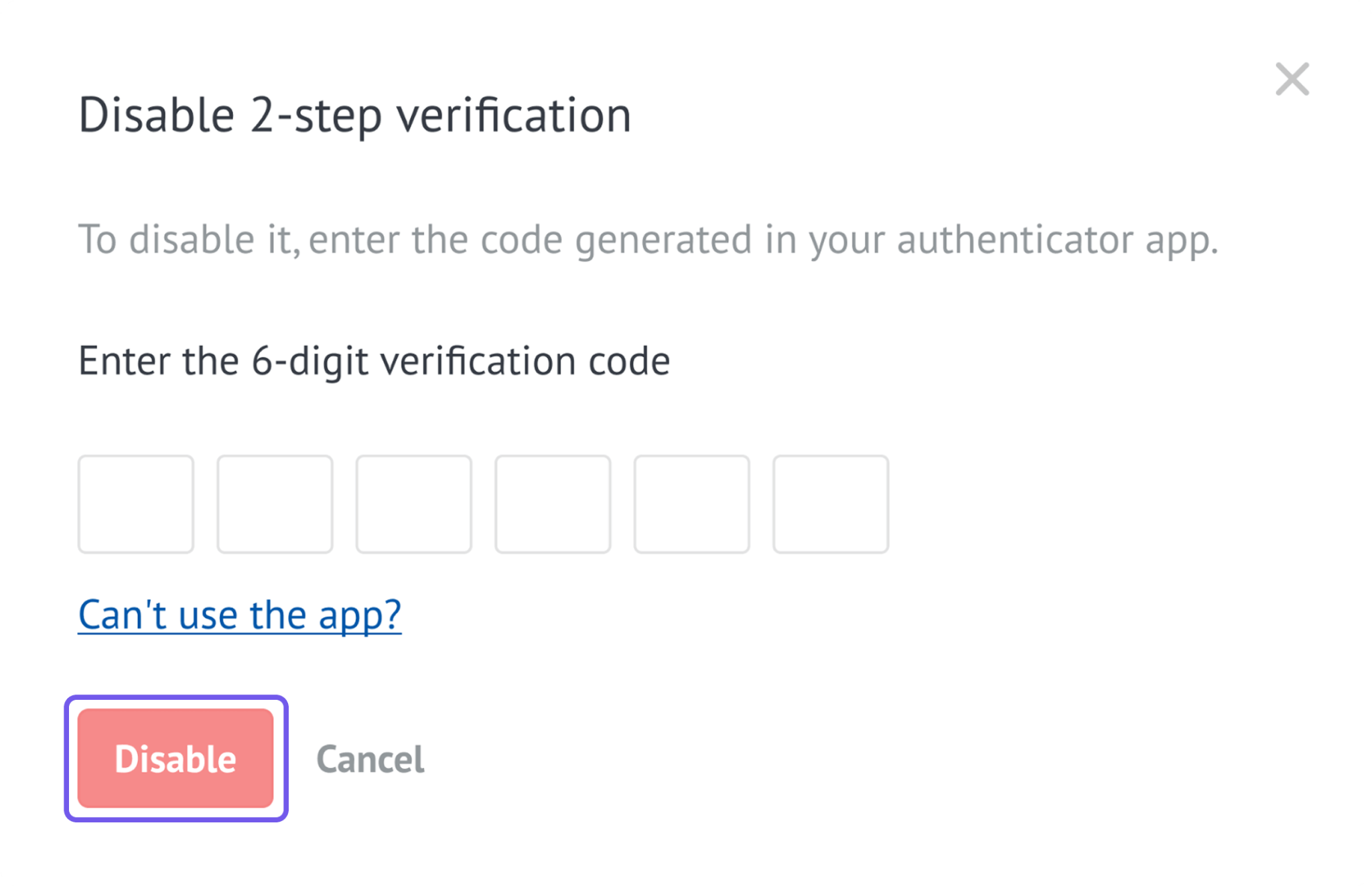 Disable two-step verification window for an authenticator code, with the Disable button highlighted.