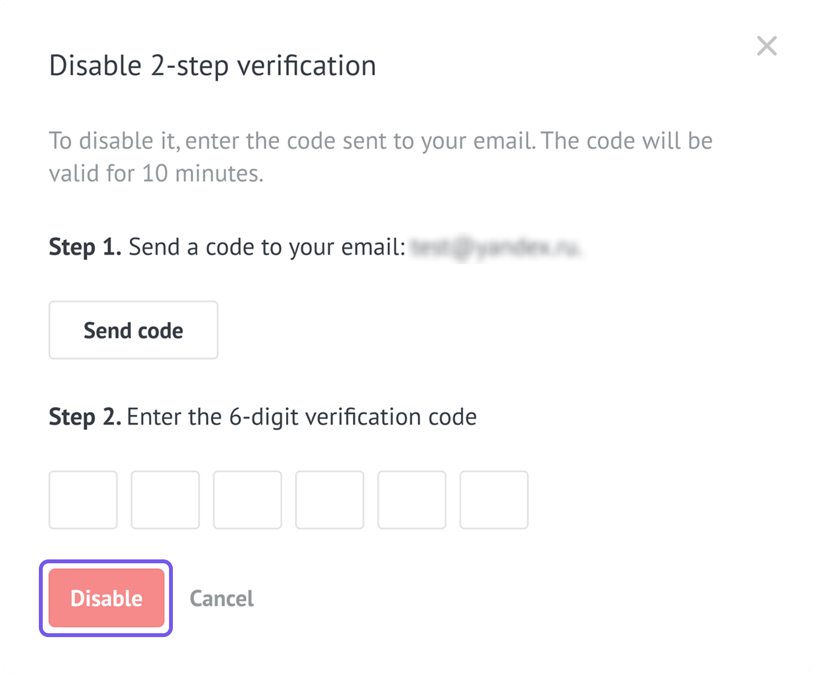Disable two-step verification window for an emailed code, with the Disable button highlighted.