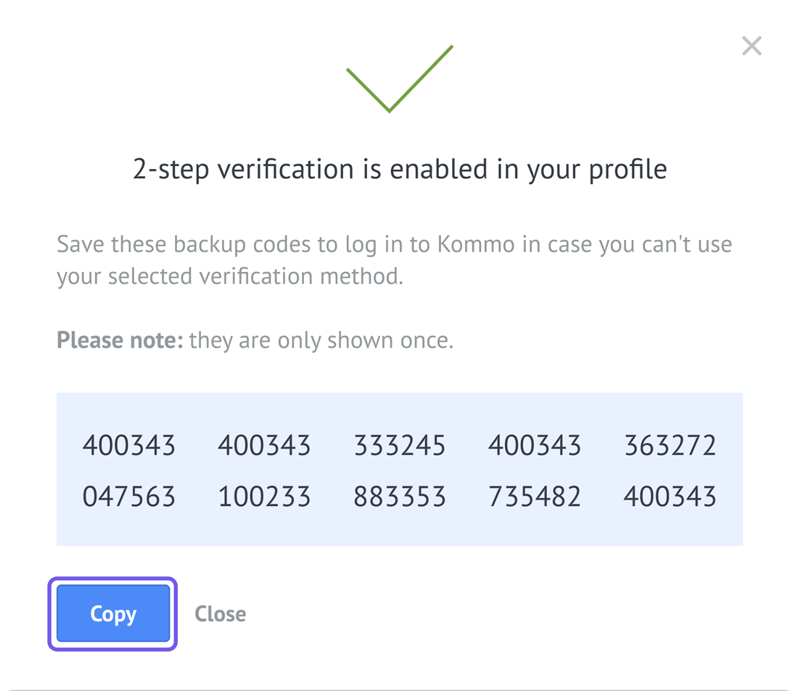 Two-step verification confirmation window with backup codes and the Copy button.
