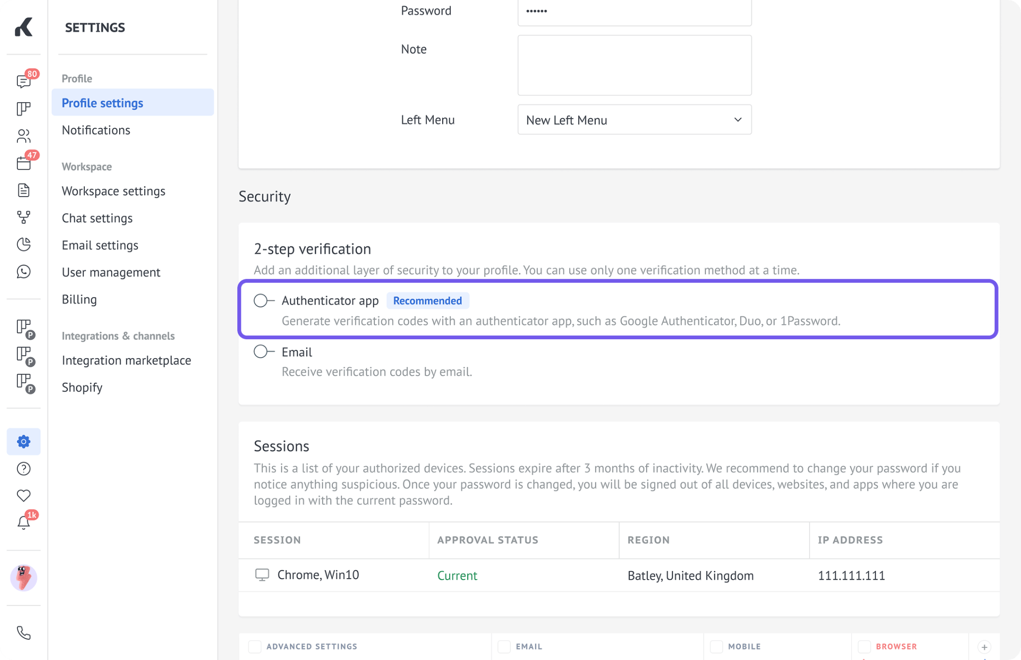 Profile settings with Authenticator app verification selected in the Security section.