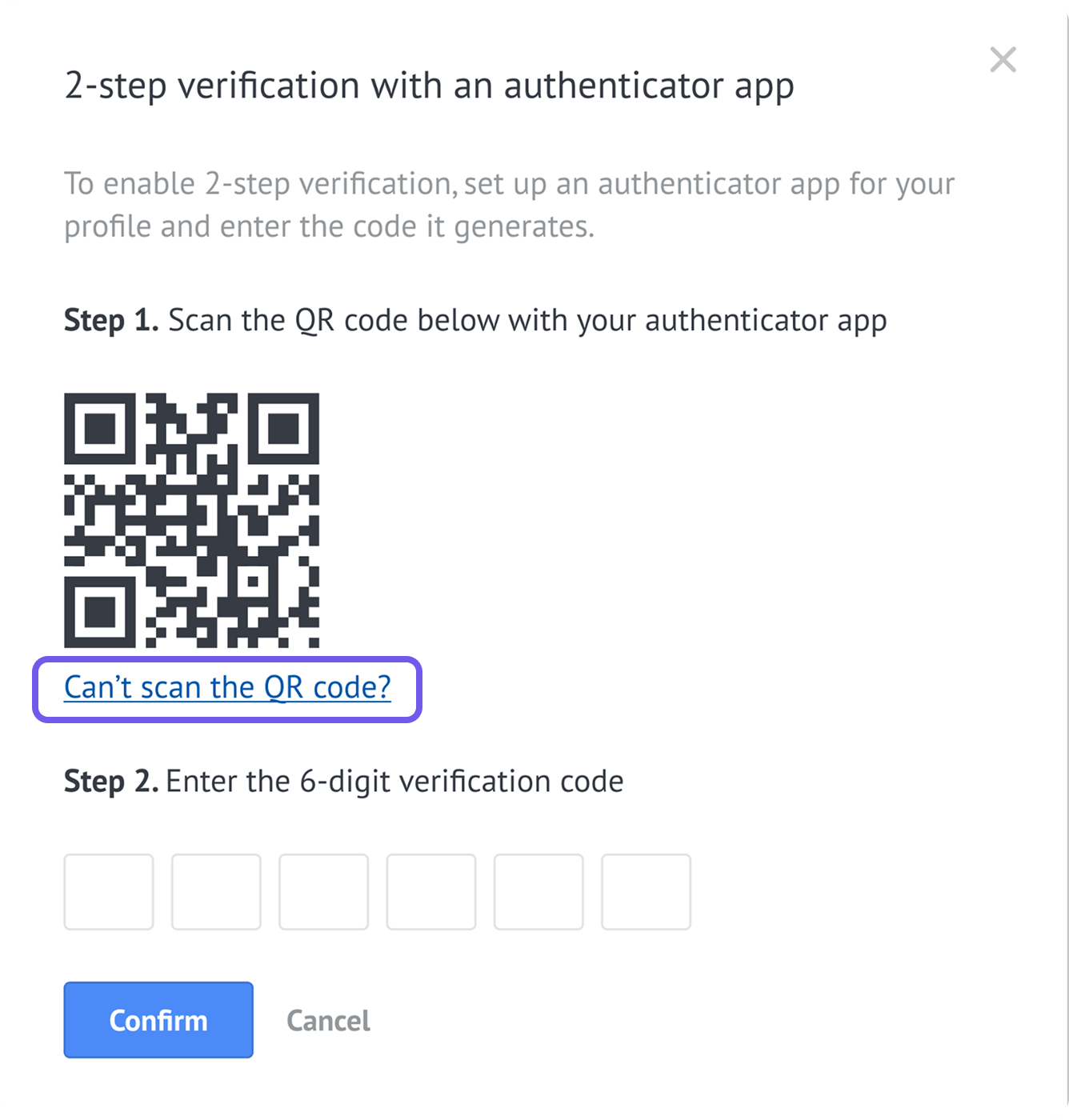 Authenticator app setup with the Can’t scan the QR code link highlighted.