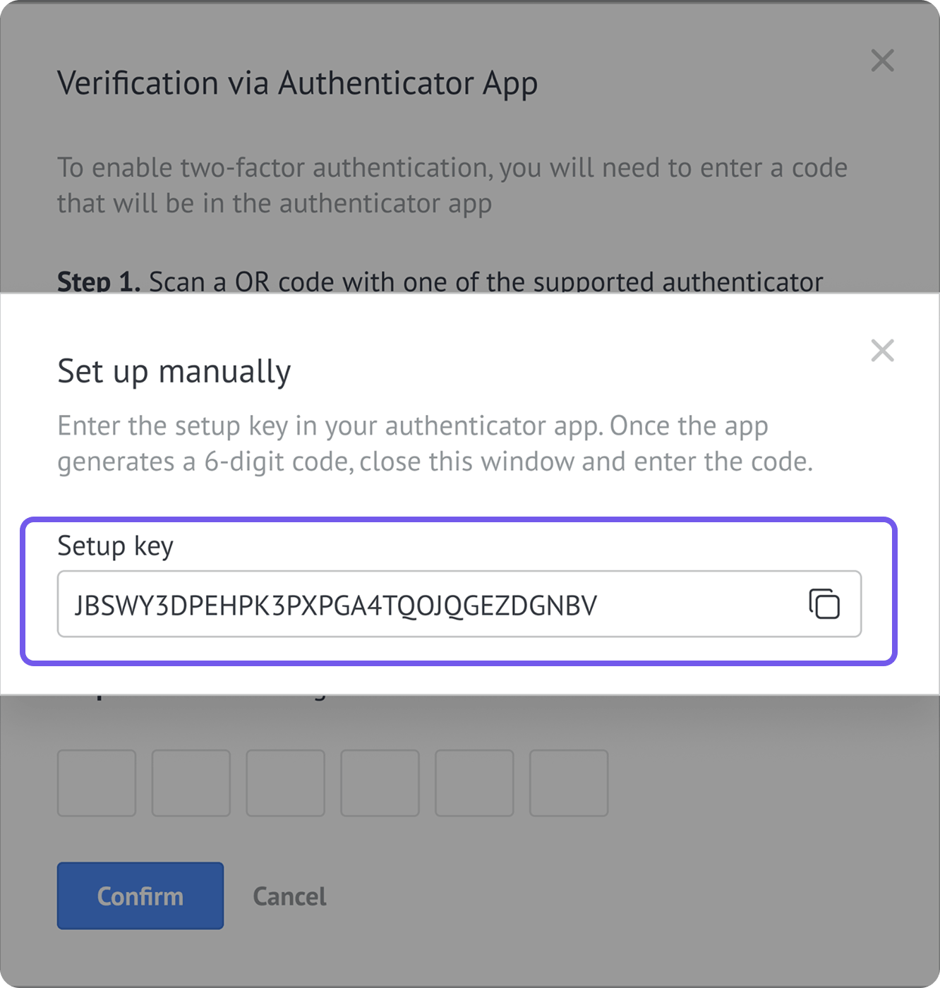Manual authenticator setup window showing the setup key and Copy button.