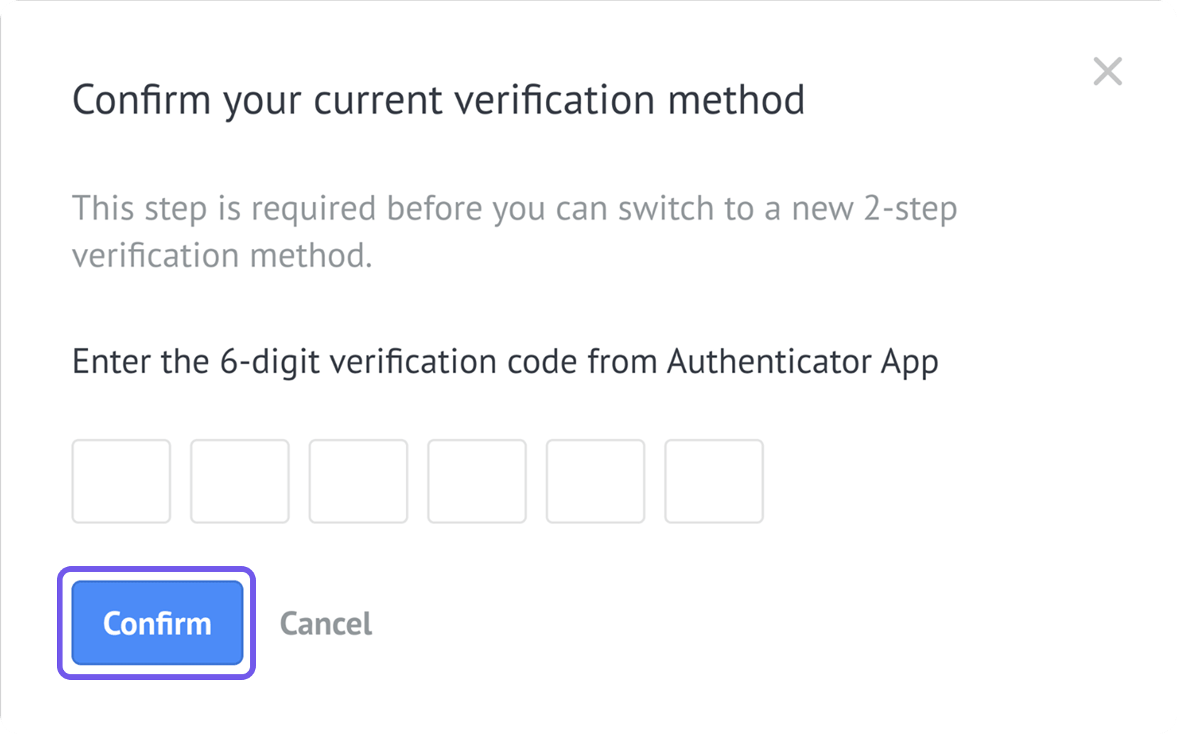 Current verification method window with authenticator code fields and the Confirm button.