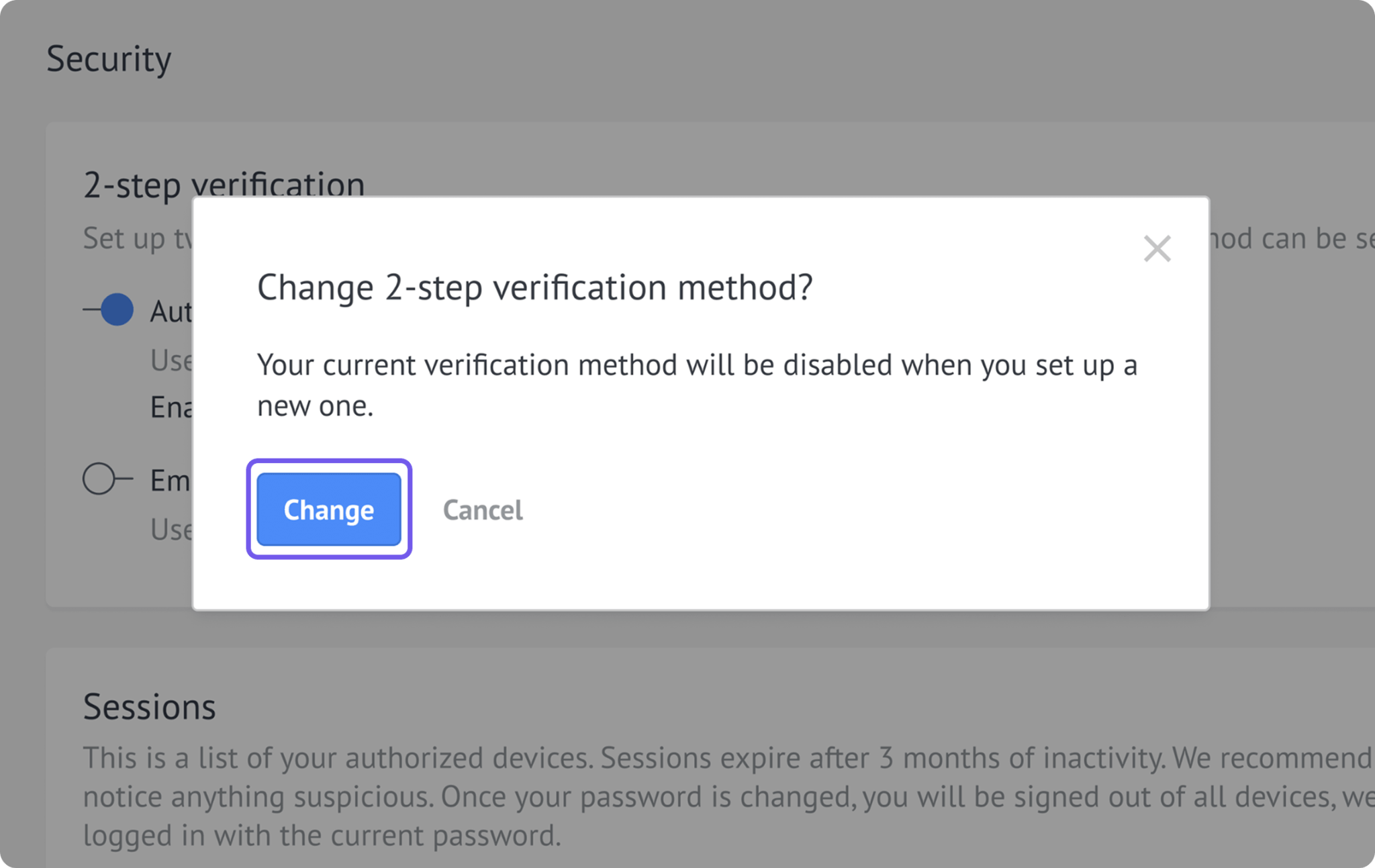 Change two-step verification method dialog window with the Change button highlighted.