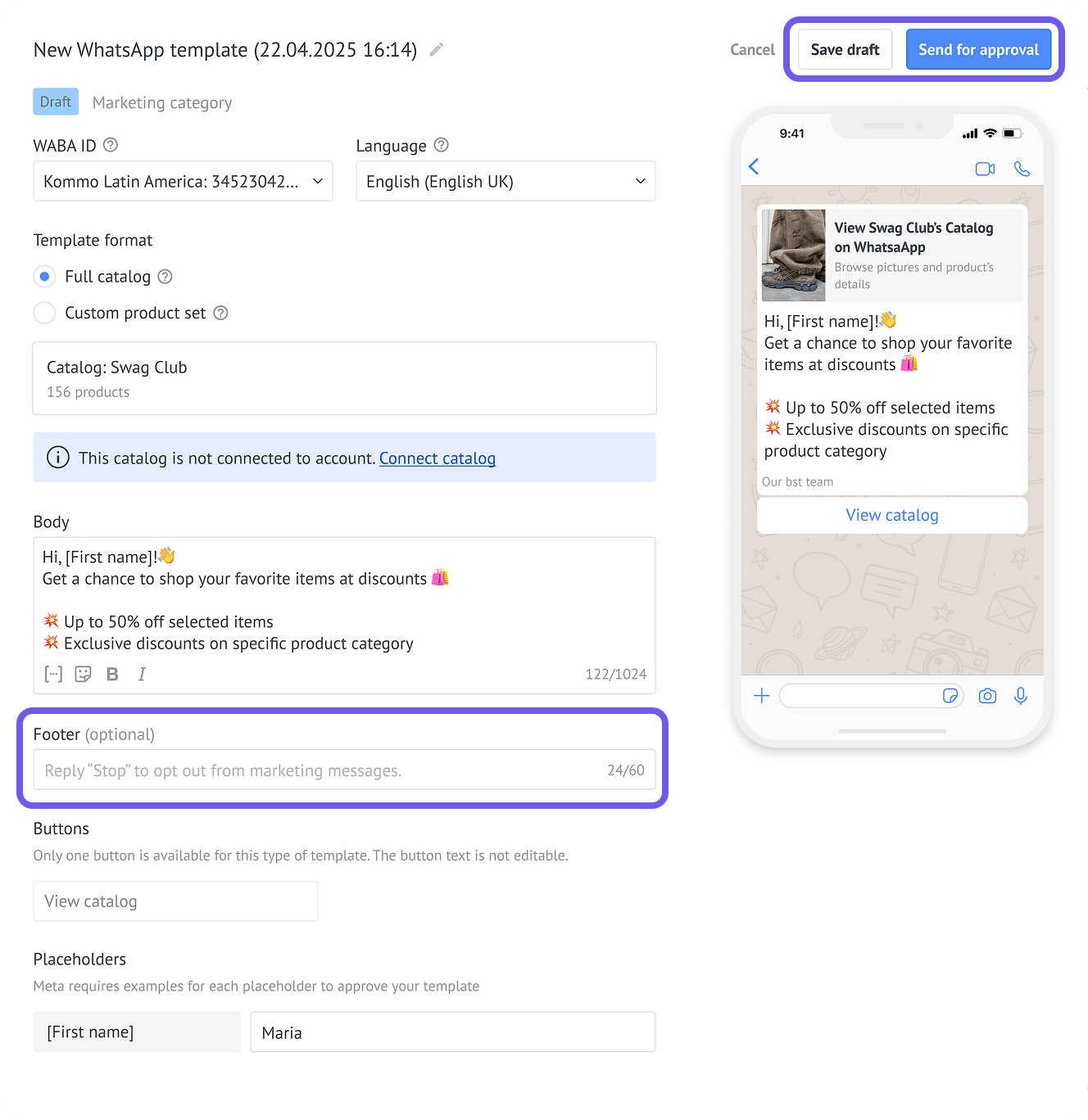 WhatsApp template editor with an opt-out keyword in the footer.