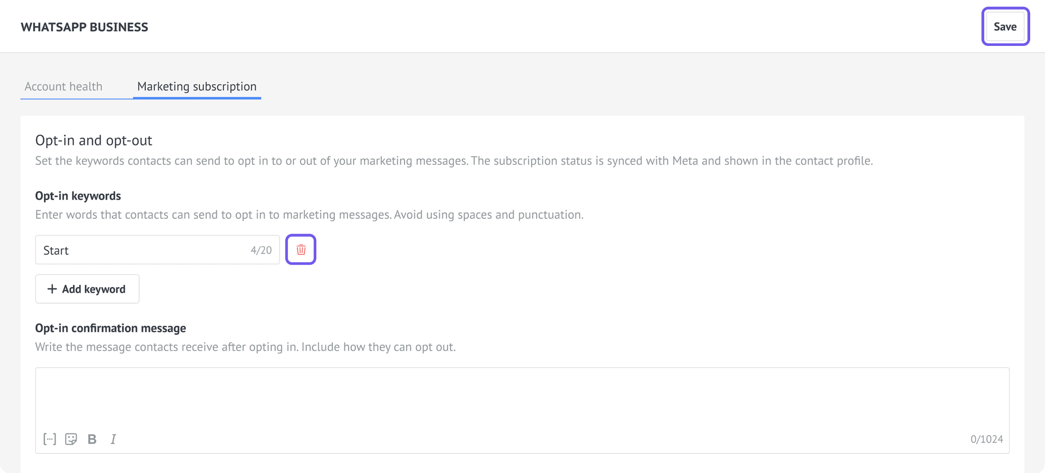 Deleting the Start opt-in keyword.