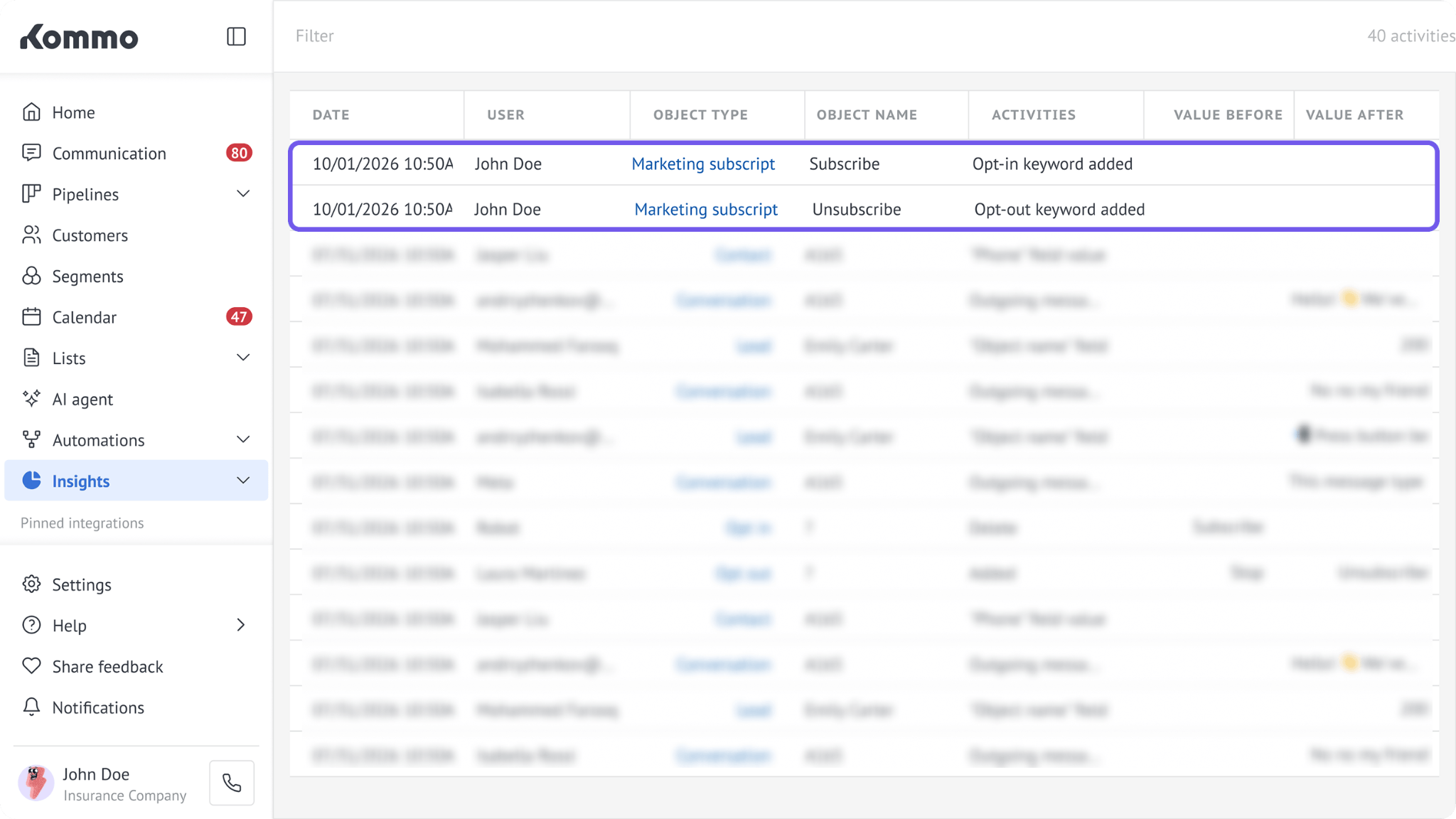 Activity log showing opt-in and opt-out keyword additions.
