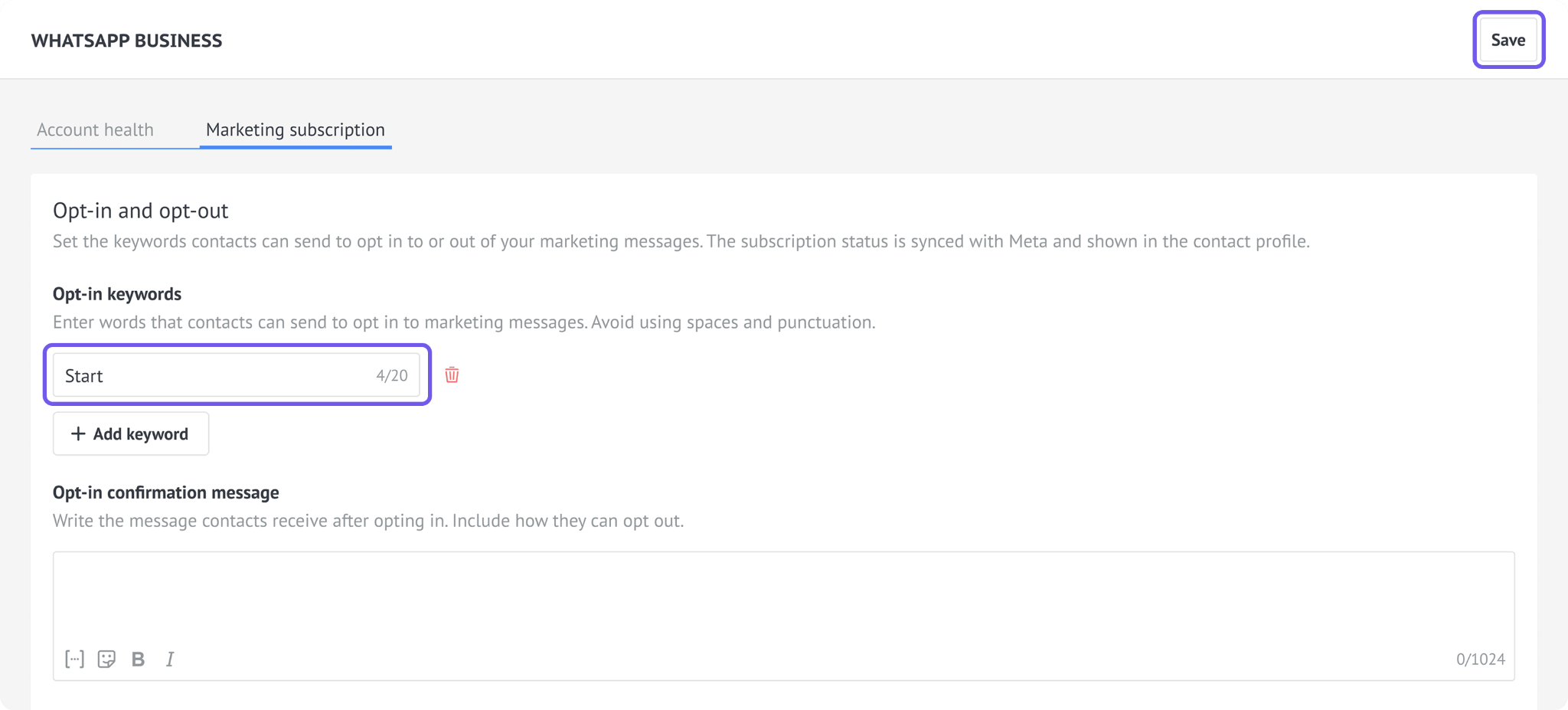 Editing the Start opt-in keyword in Marketing subscription settings.