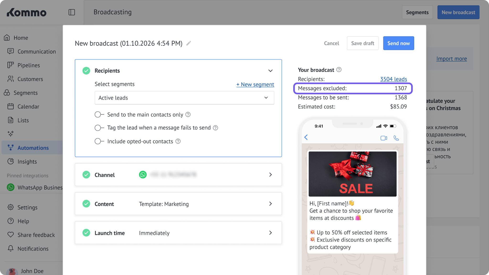 Broadcast setup showing the number of messages excluded because of contacts’ Opt-out status.