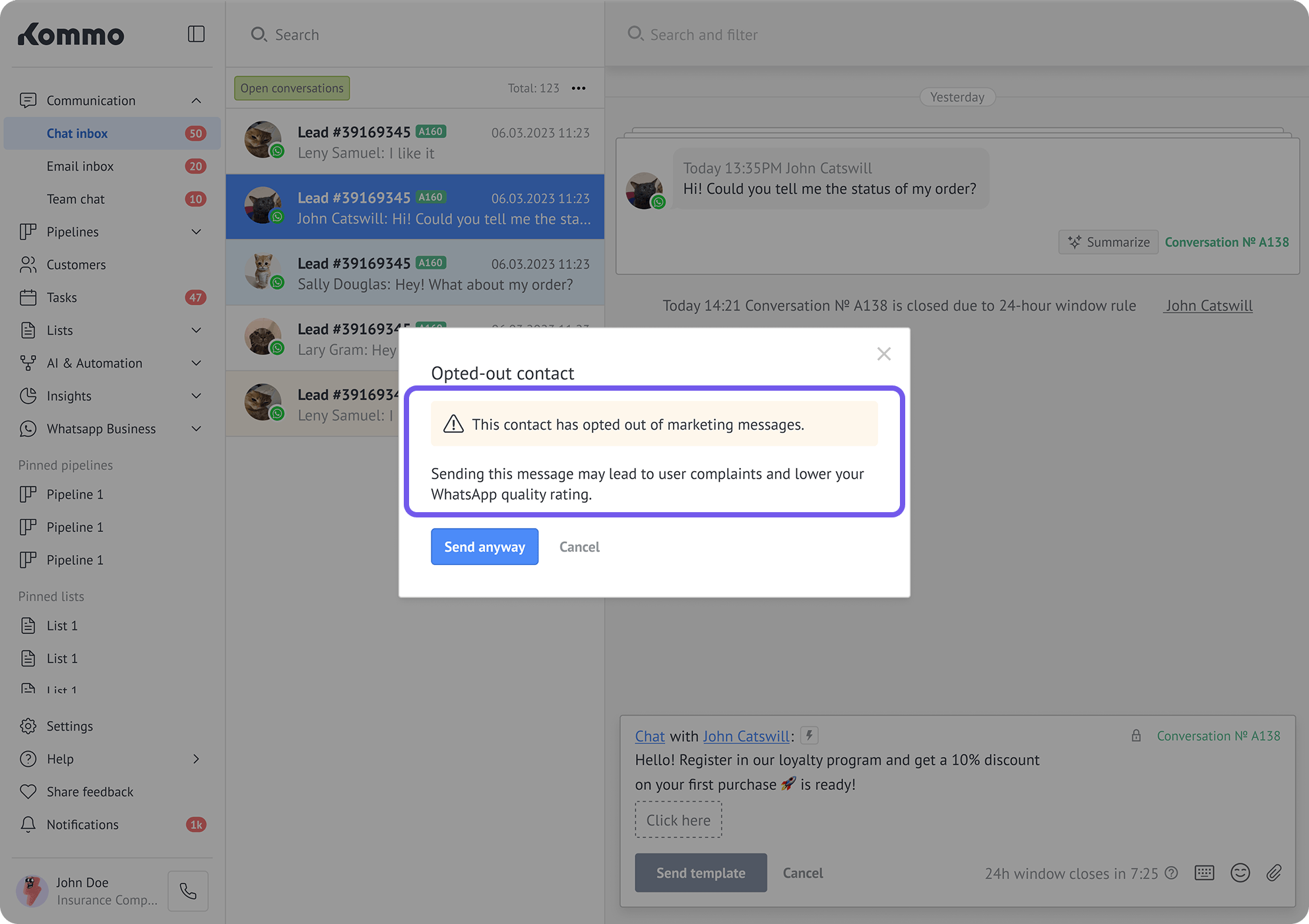 Warning shown before sending a marketing template to an opted-out contact.