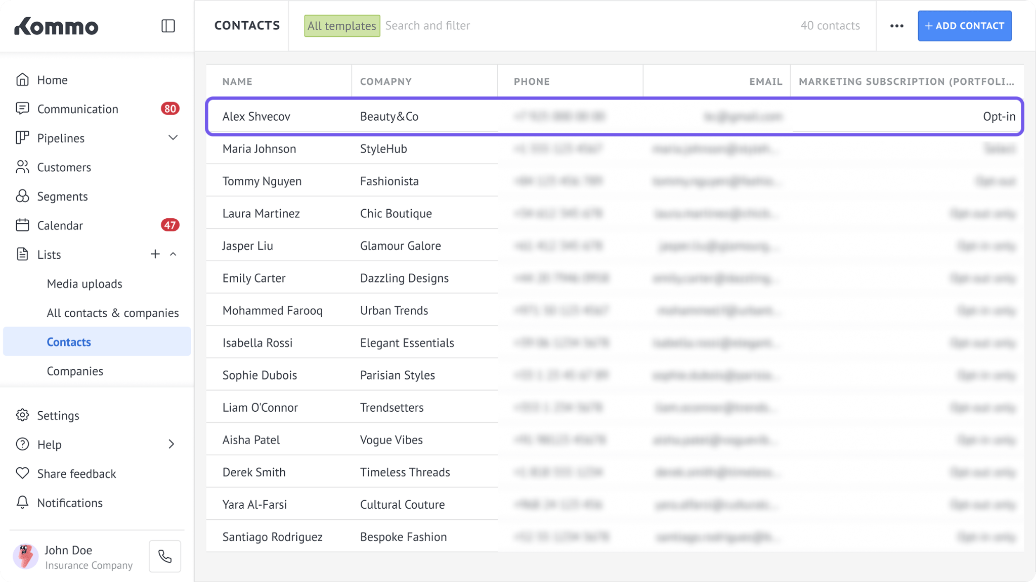 Contacts list showing Marketing subscription statuses in a column.