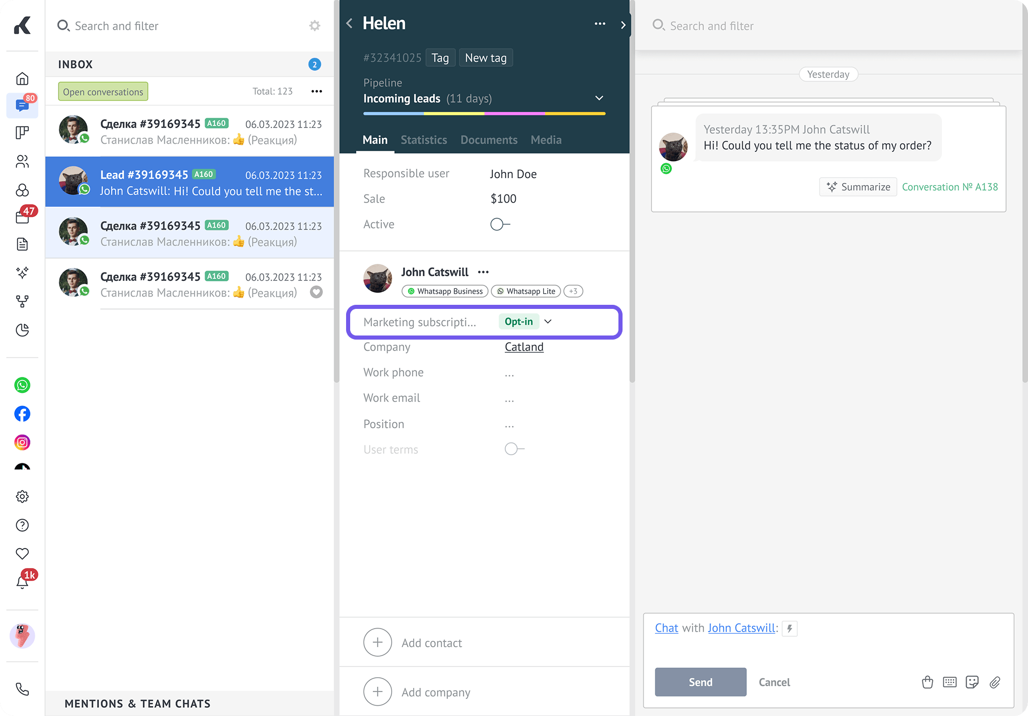 Contact profile opened in a chat with the Marketing subscription status set to Opt-in.