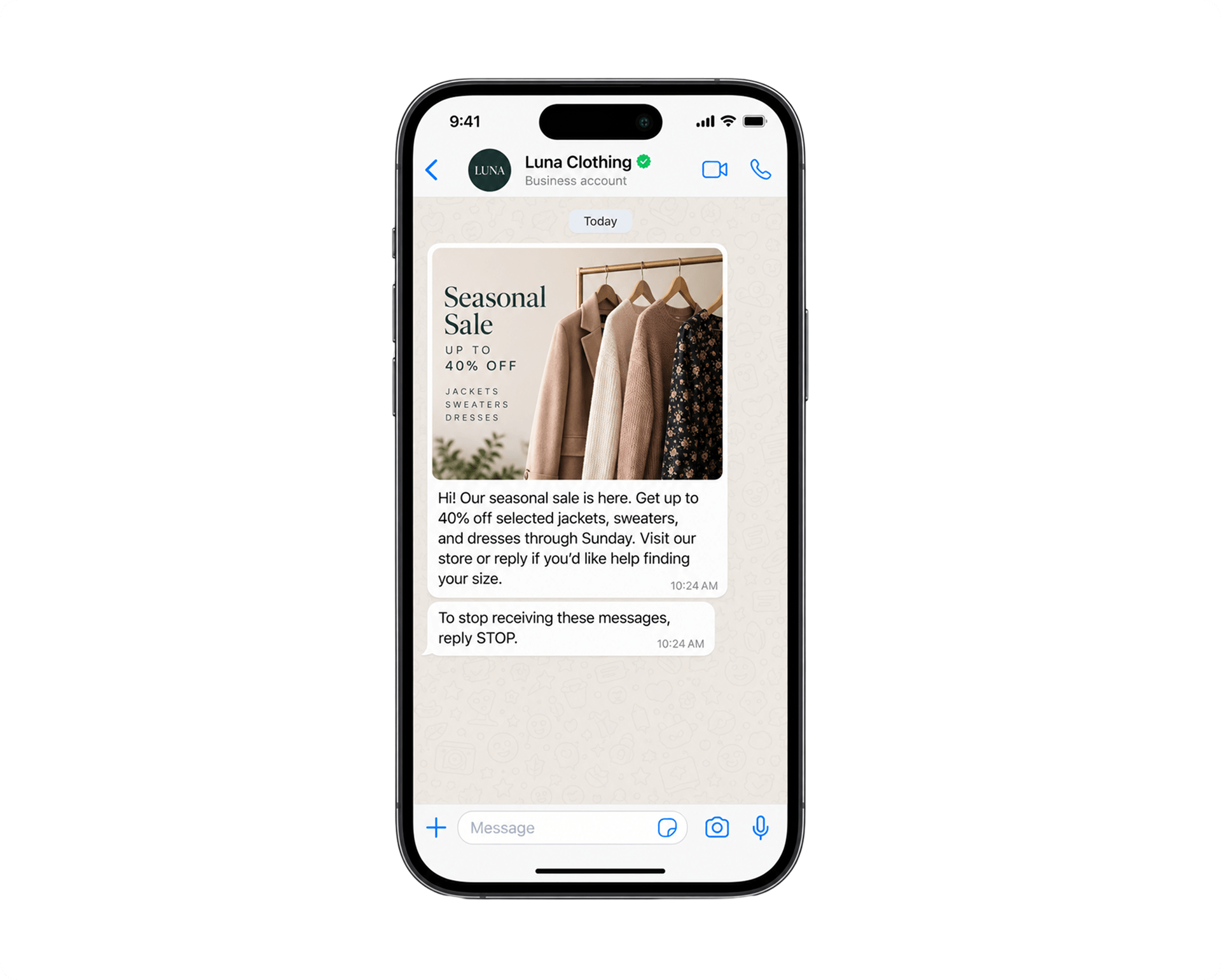 iPhone showing a WhatsApp marketing message with instructions to reply STOP to opt out.
