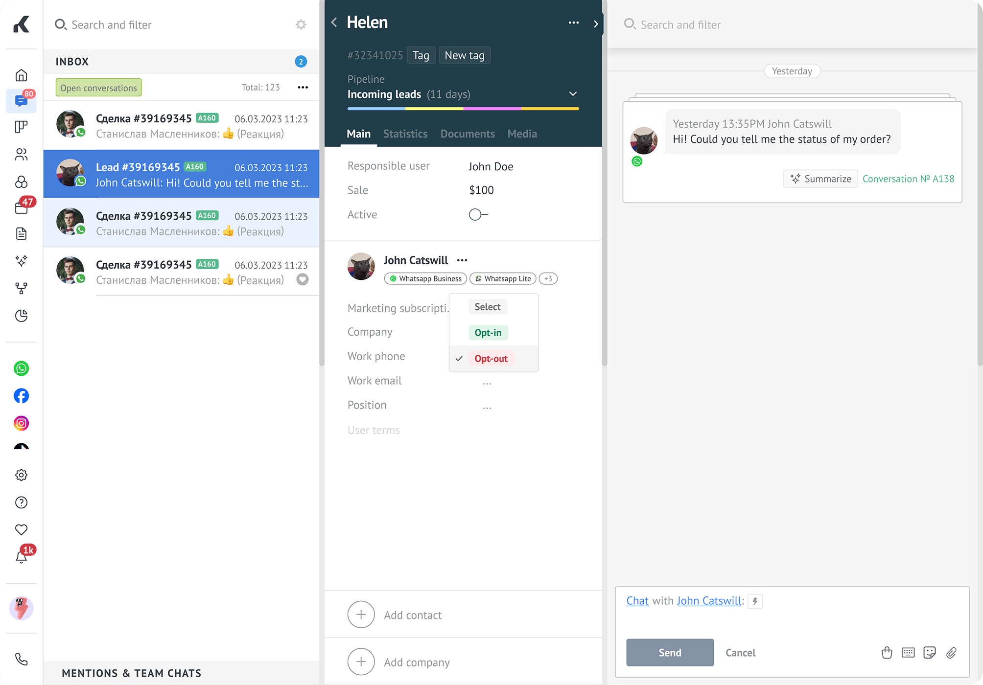 Contact showing the Marketing subscription dropdown with Select, Opt-in, and Opt-out options.