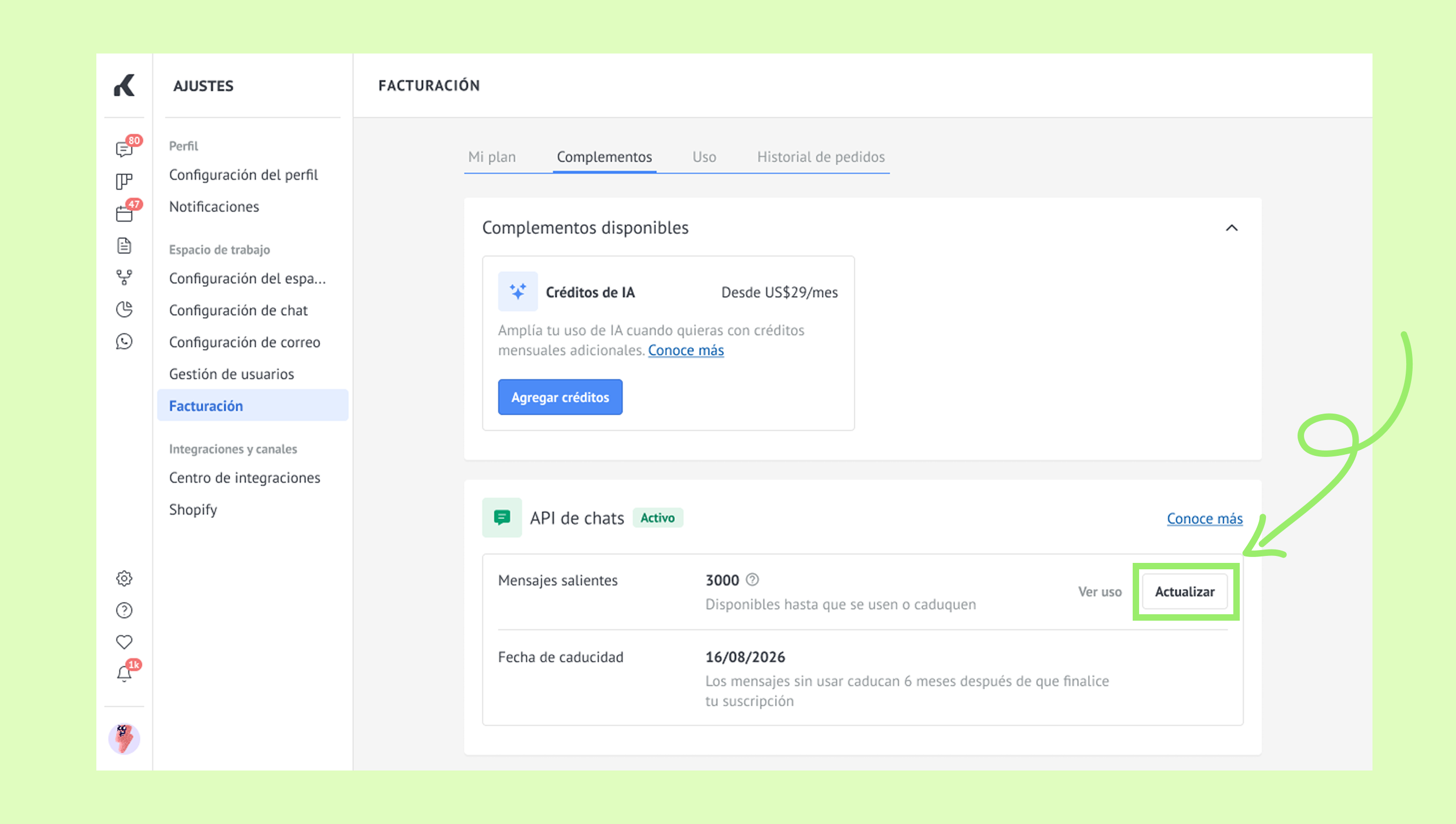 Billing settings page showing available credits and chat API usage details.