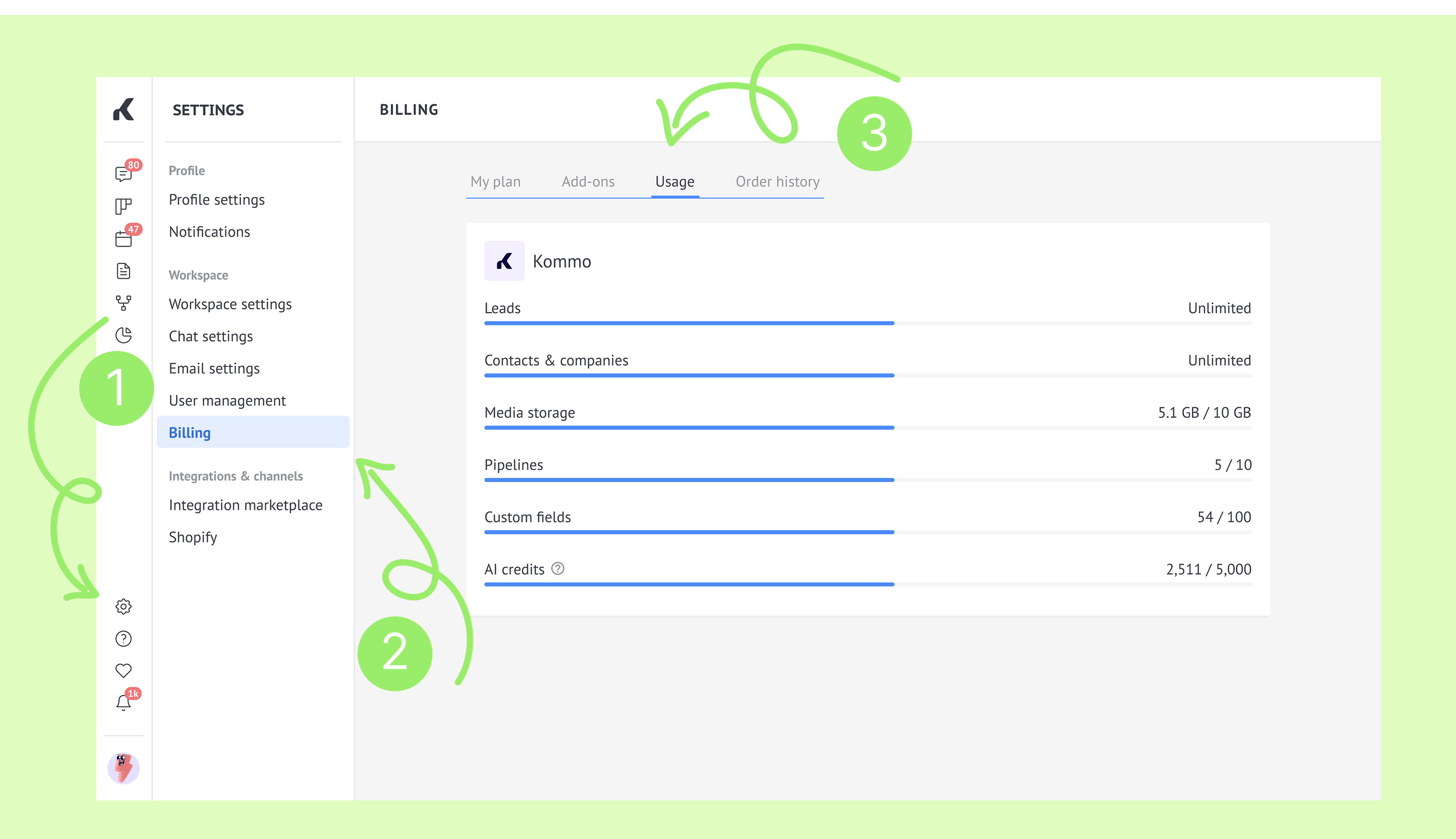 Settings page showing billing details and usage statistics for a service plan.