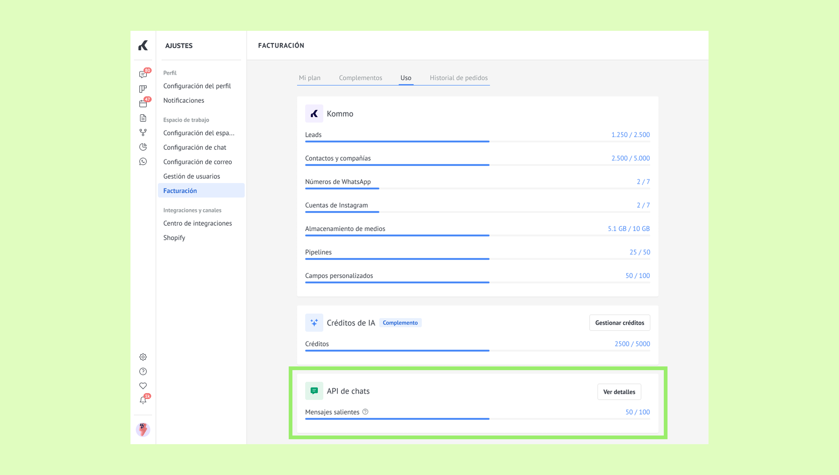Overview of billing settings with API chat usage details highlighted.