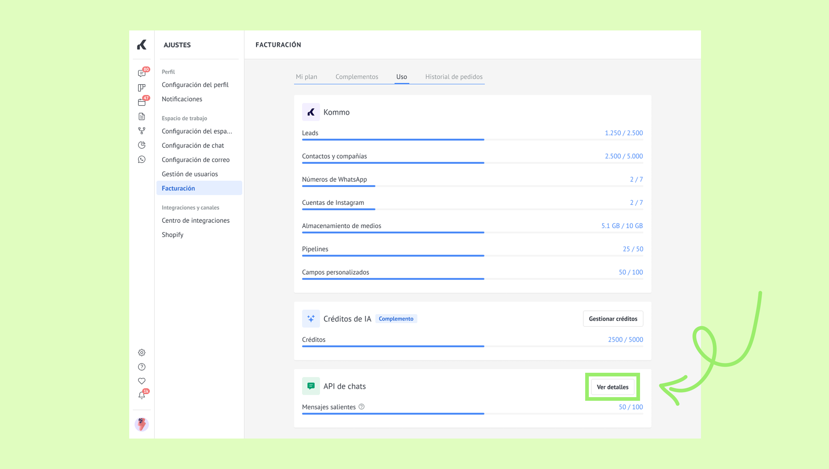 Billing settings showing usage statistics and details for chat API features.
