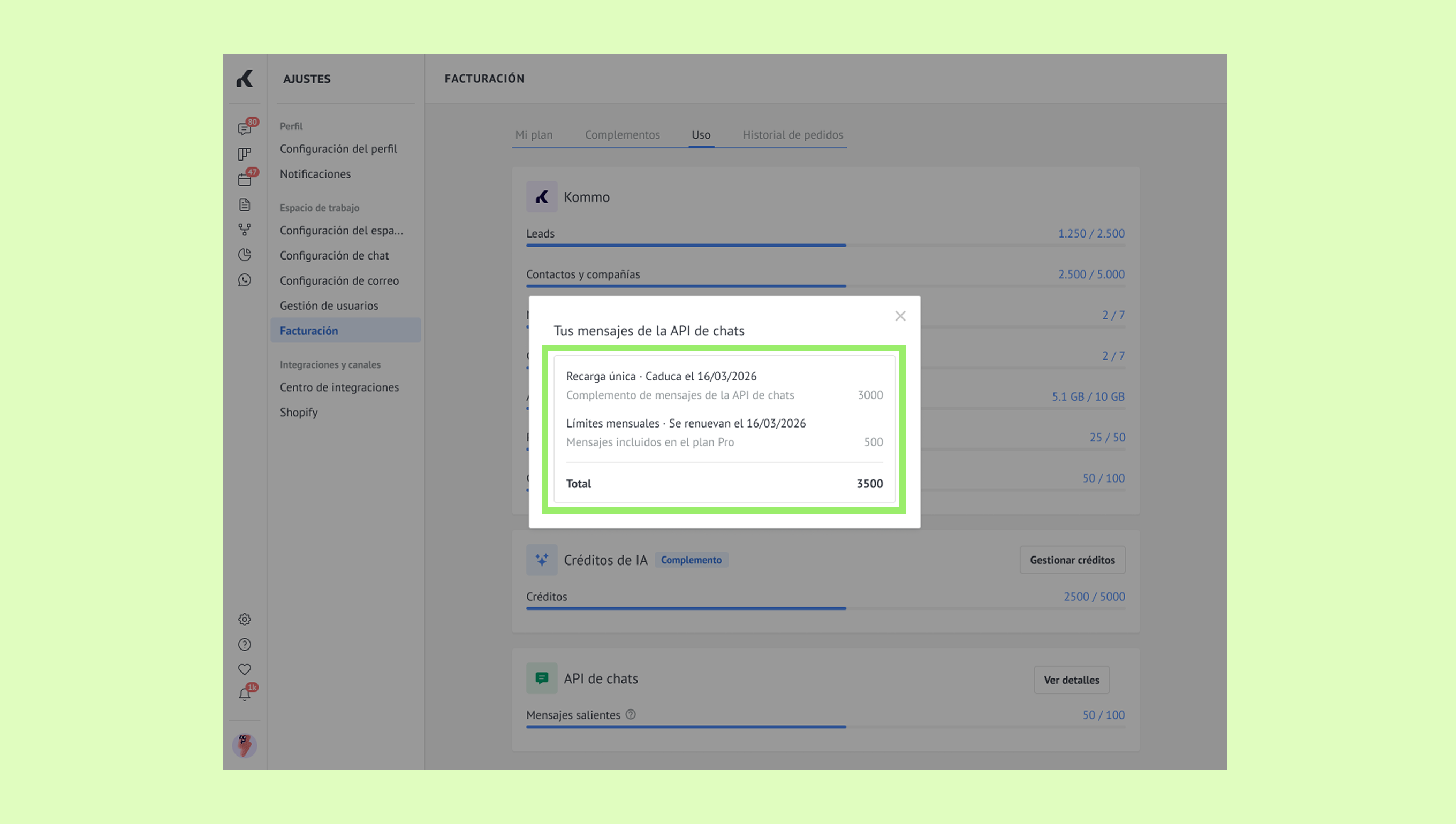 Overview of chat API messages, including limits and total message count.