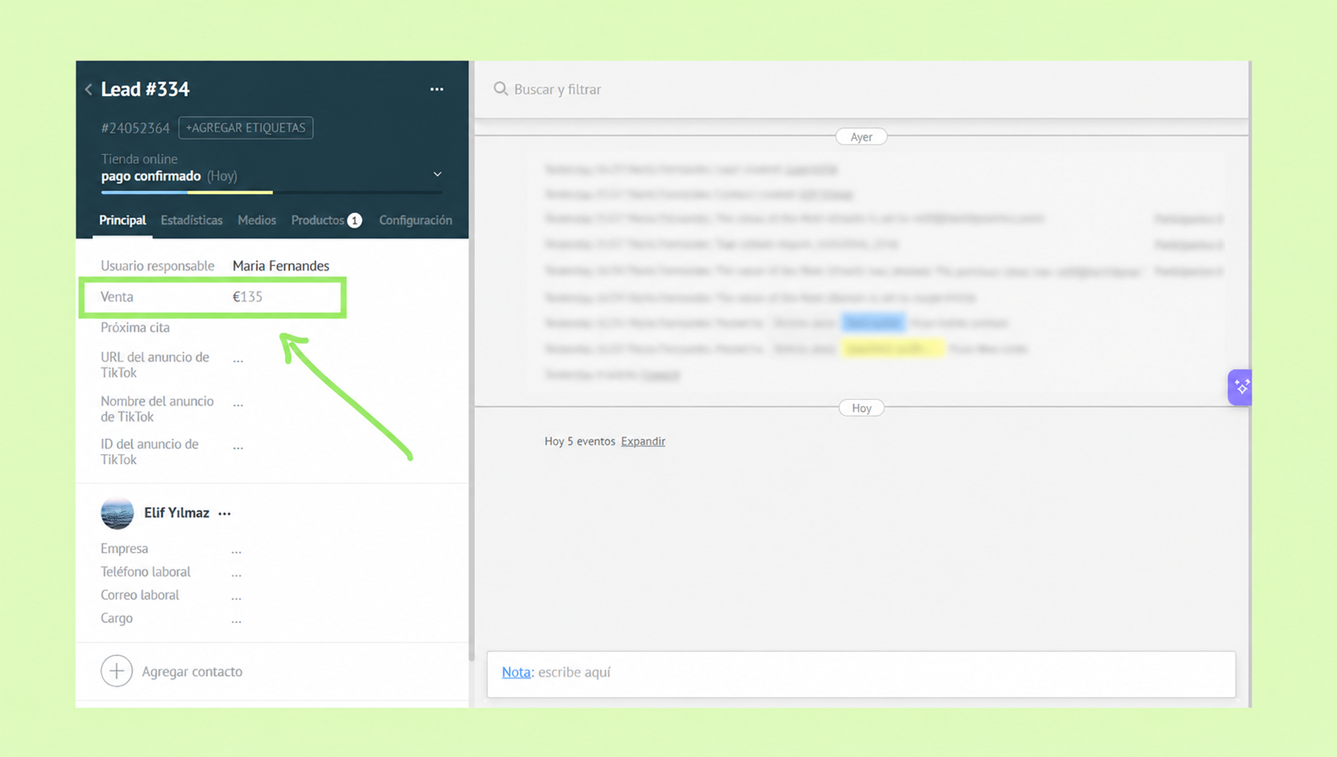 Lead details showing user responsible, sale amount, and recent activity log.