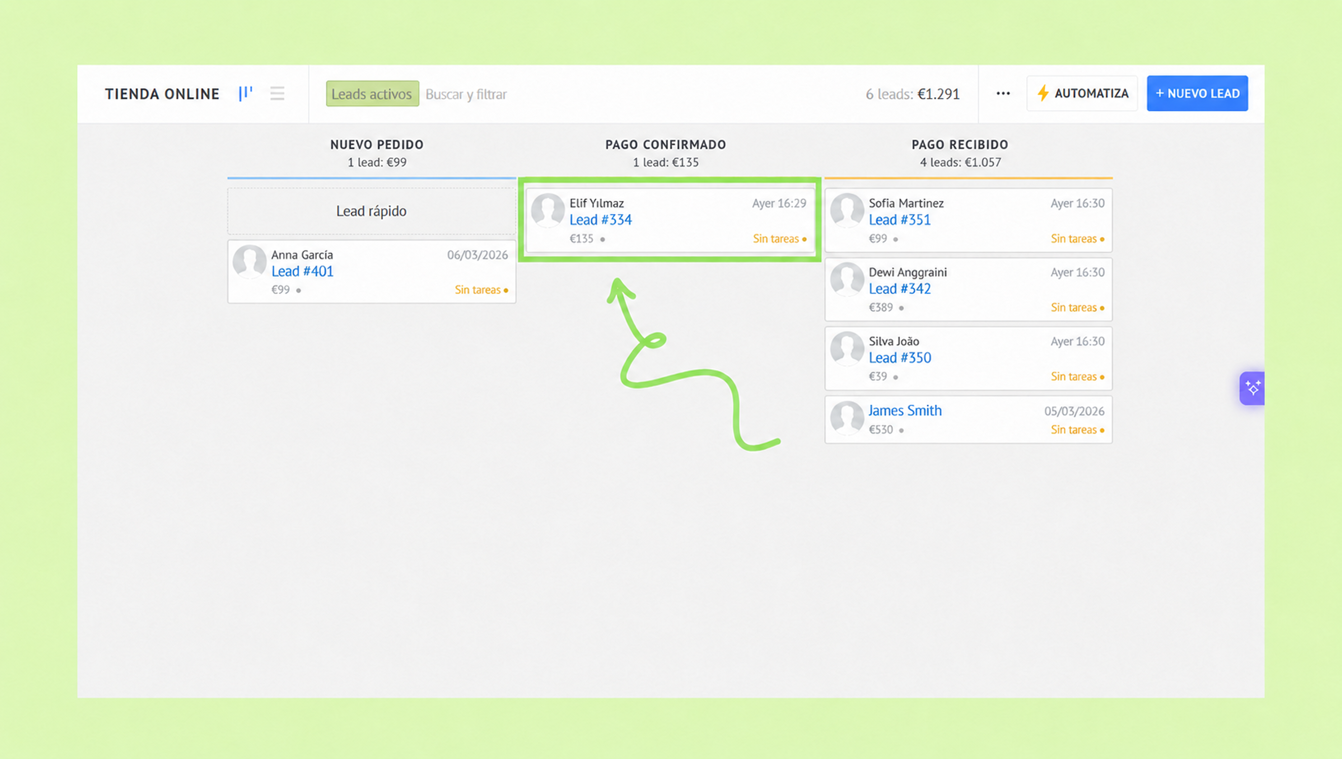 Overview of active leads with highlighted payment confirmation for Elif Yılmaz.