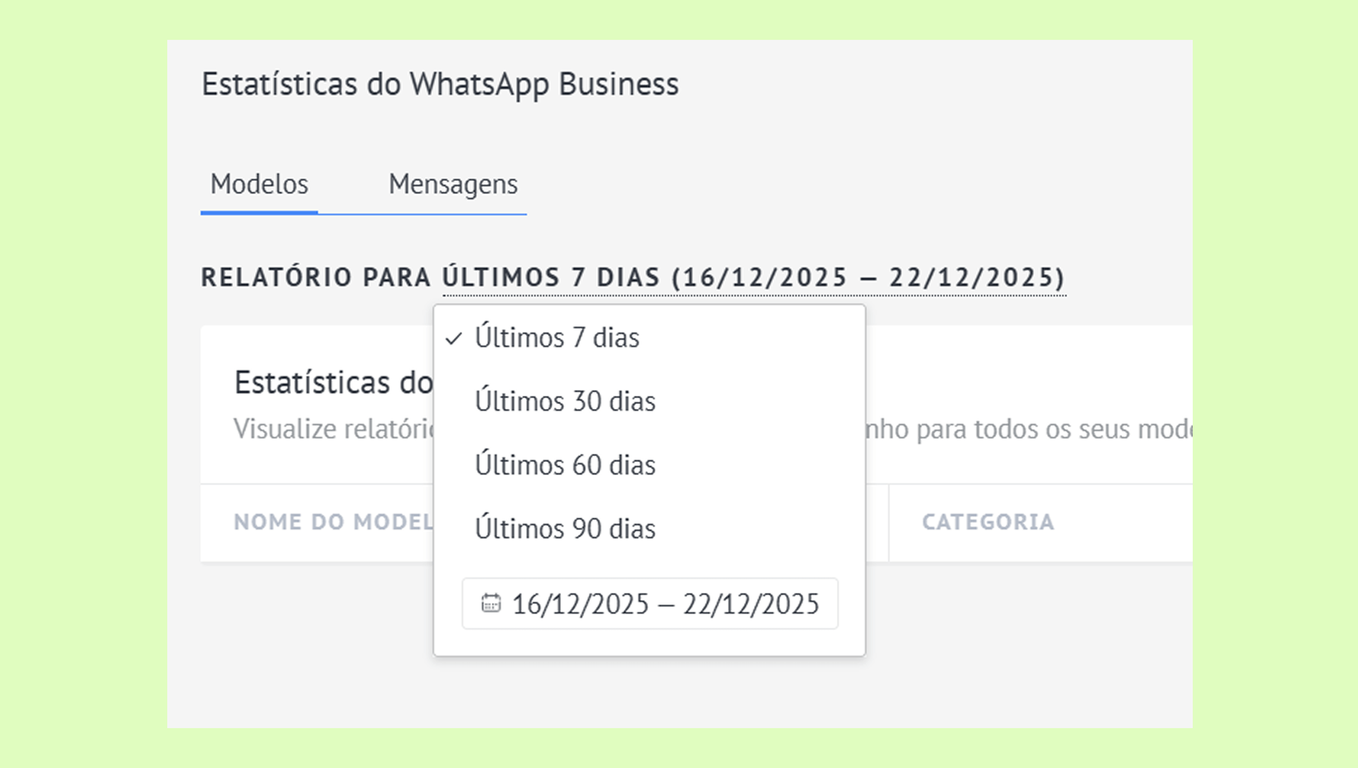 WhatsApp Business statistics report for the last seven days with date range selection.