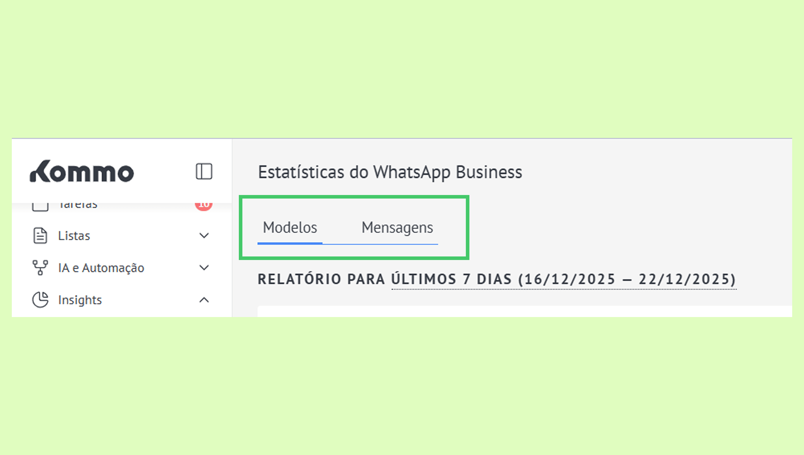 Kommo interface displaying WhatsApp Business statistics with highlighted sections for models and messages.