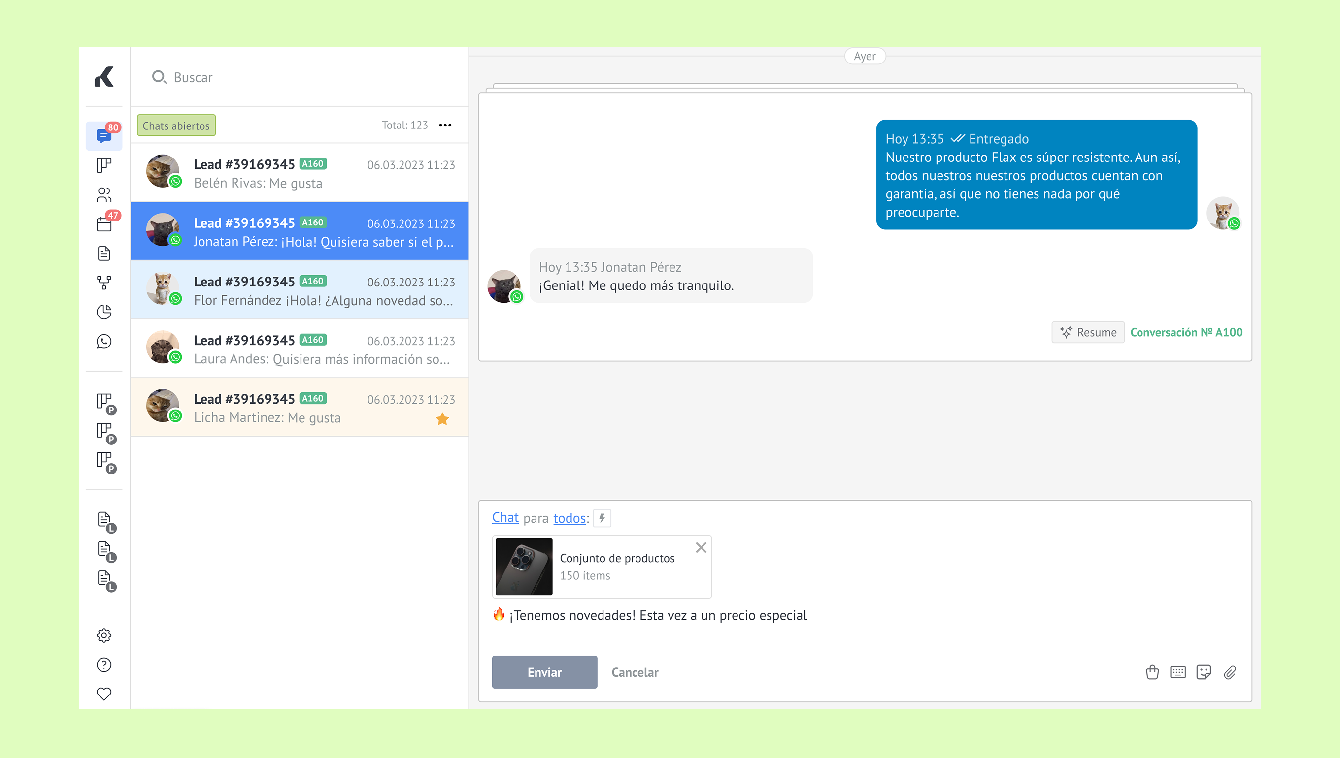 Chat interface displaying messages and product information with user interactions.