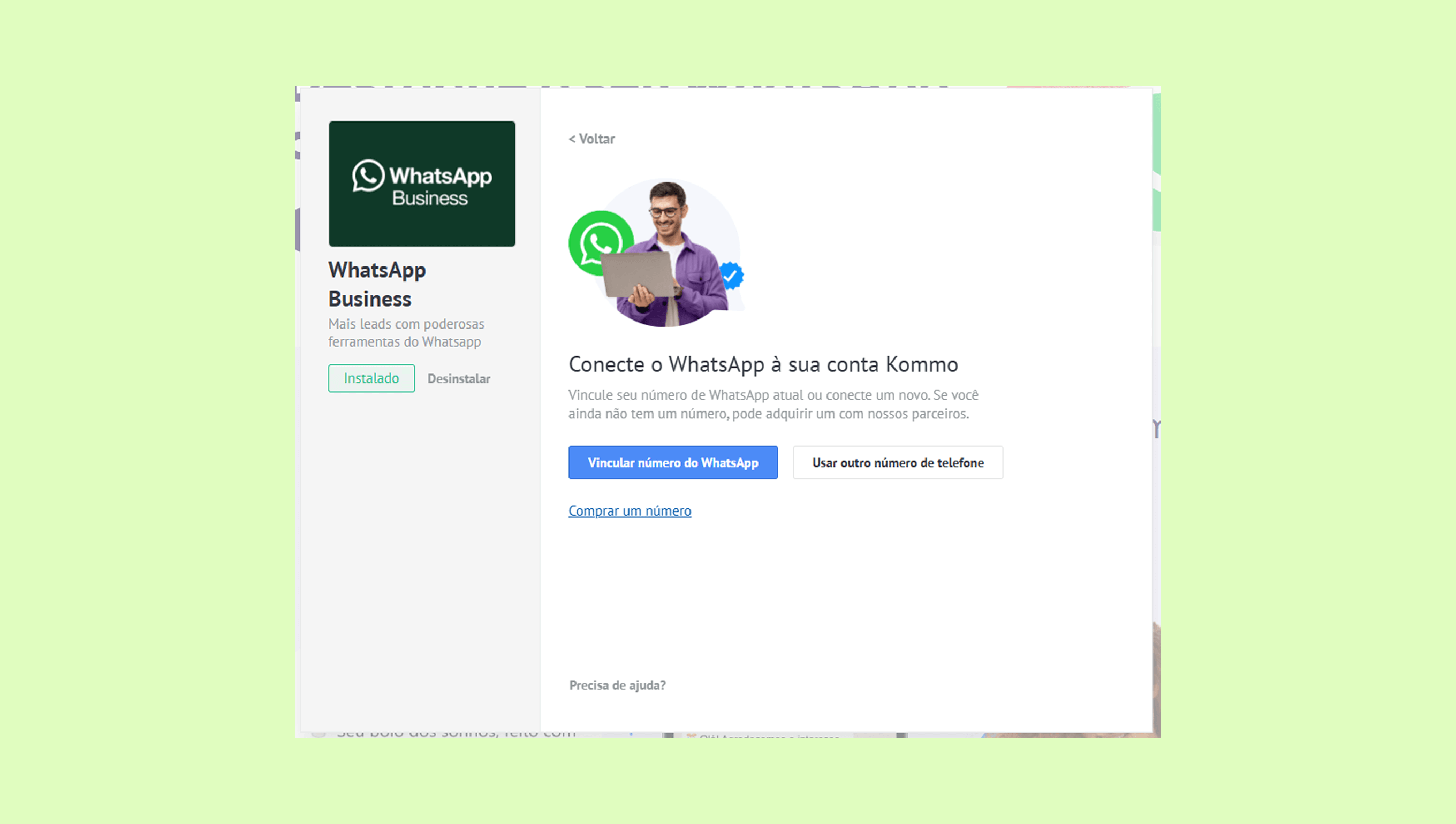 WhatsApp Business interface showing connection options for Kommo account integration.