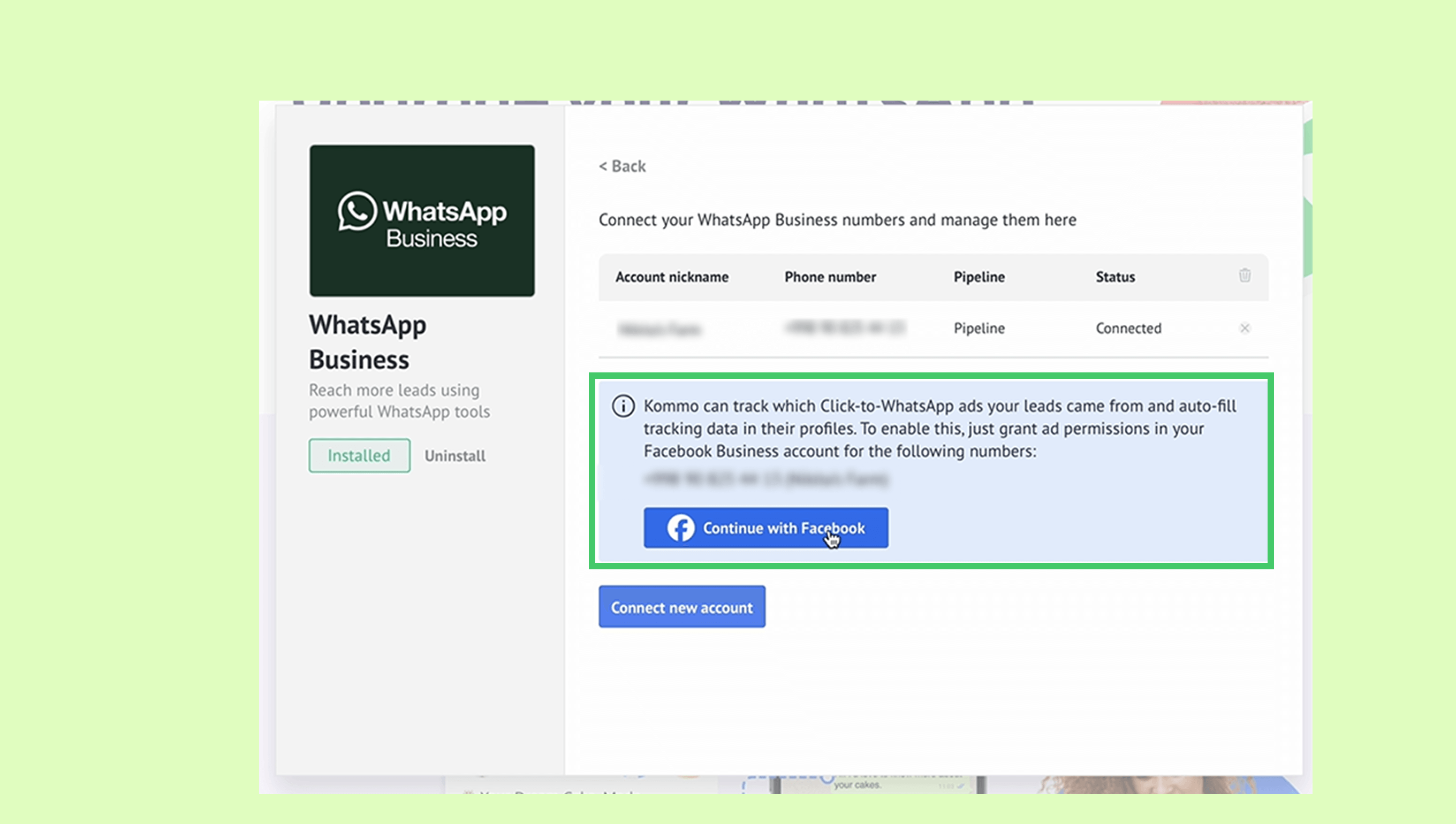 WhatsApp Business interface showing account connection and Facebook integration options.