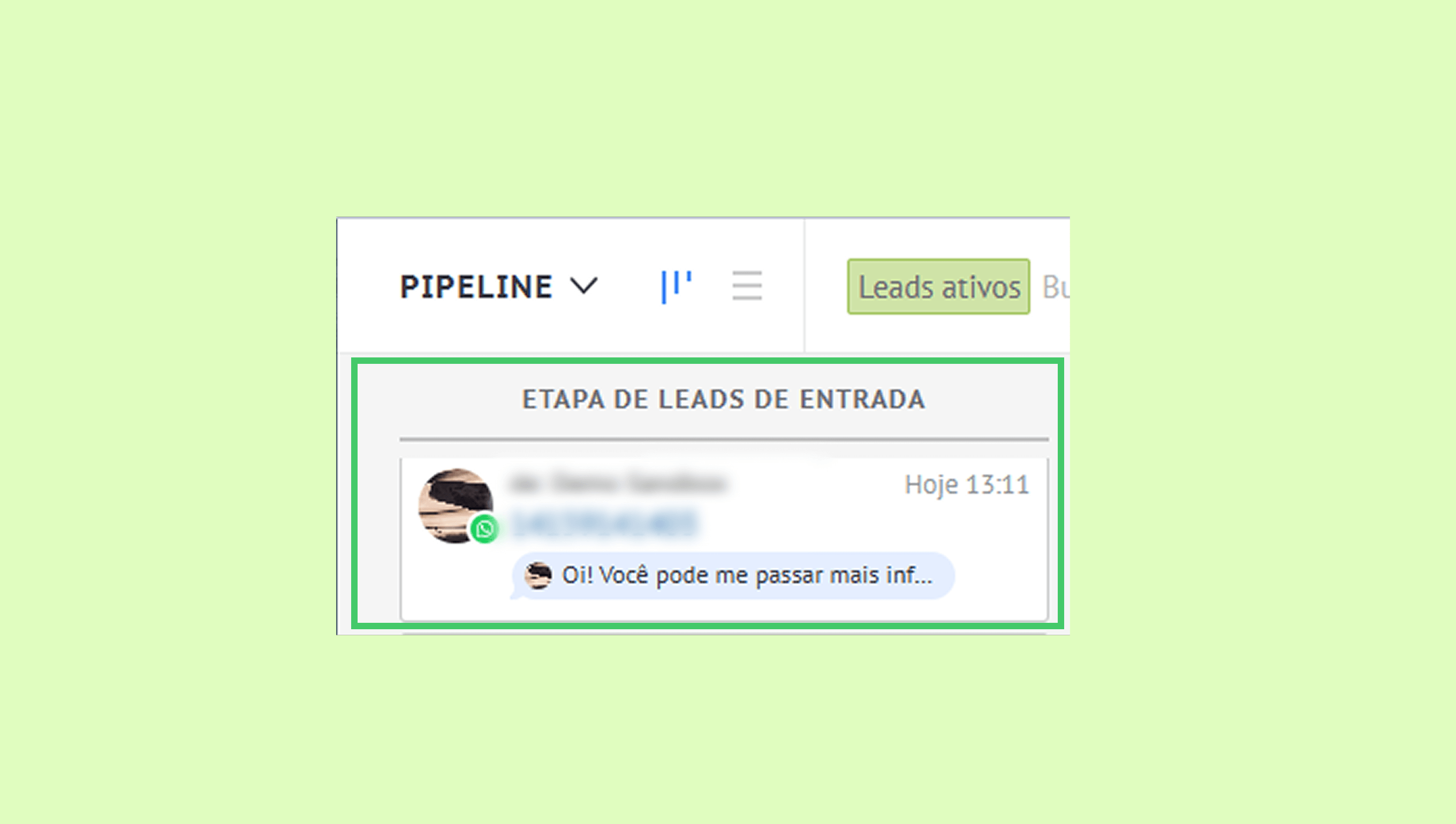 User interface showing lead stage with a message from a contact.
