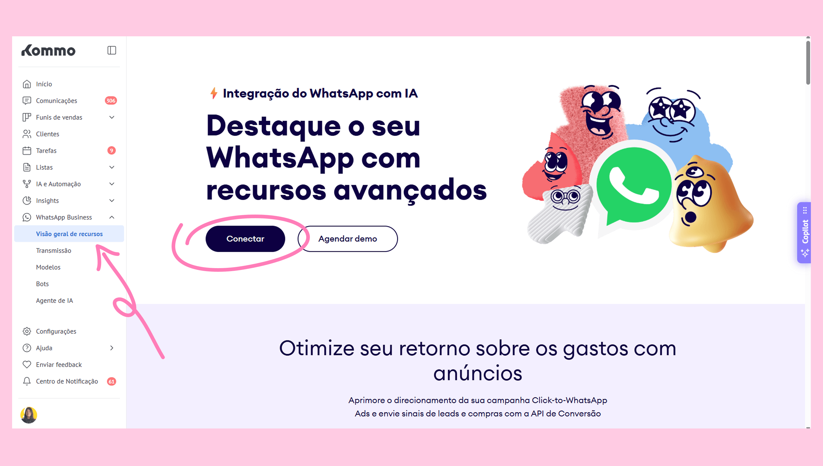 Highlighting WhatsApp integration features with a prominent connect button on the interface.
