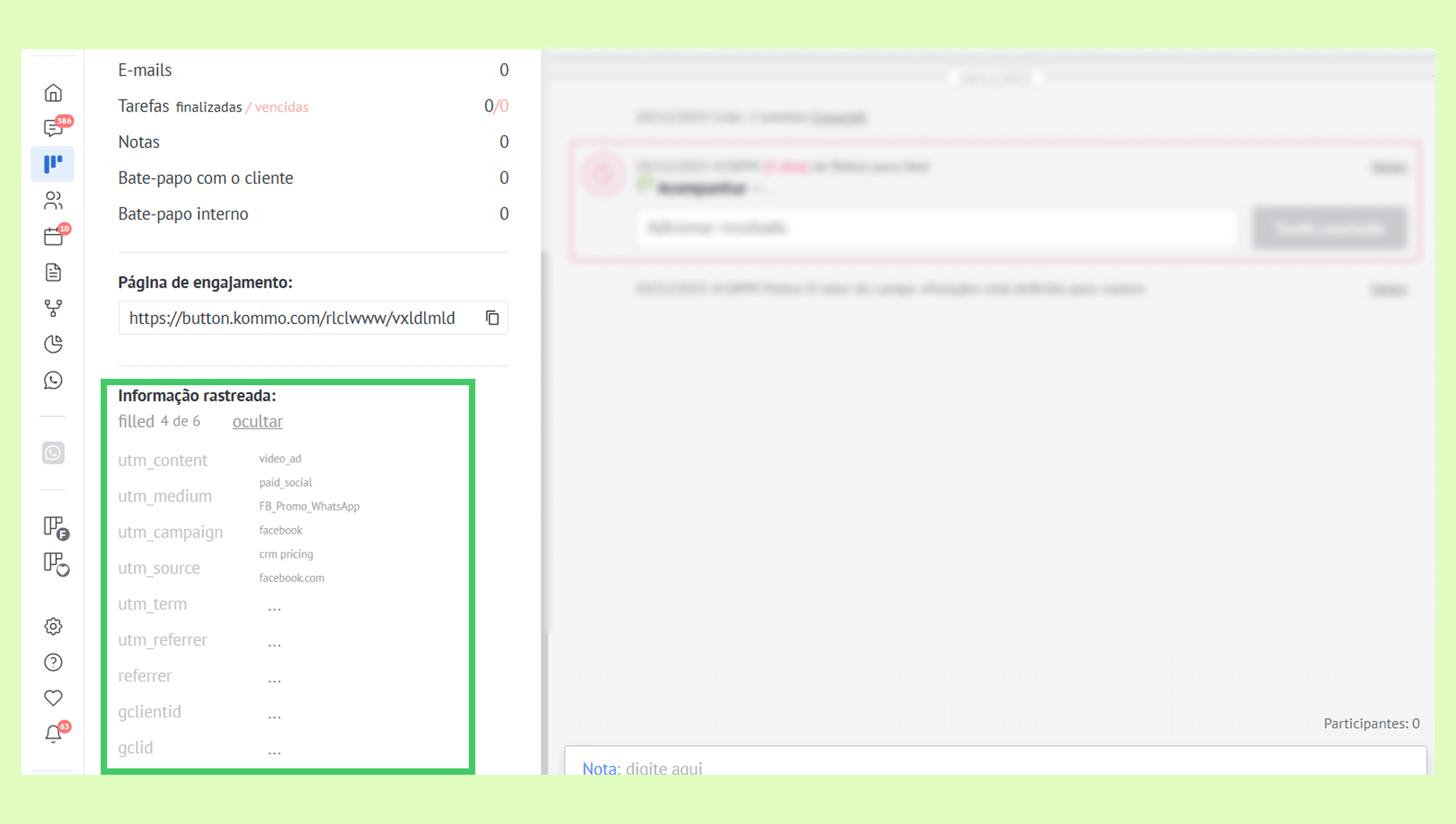 User interface displaying tracking information and engagement page details for a link.