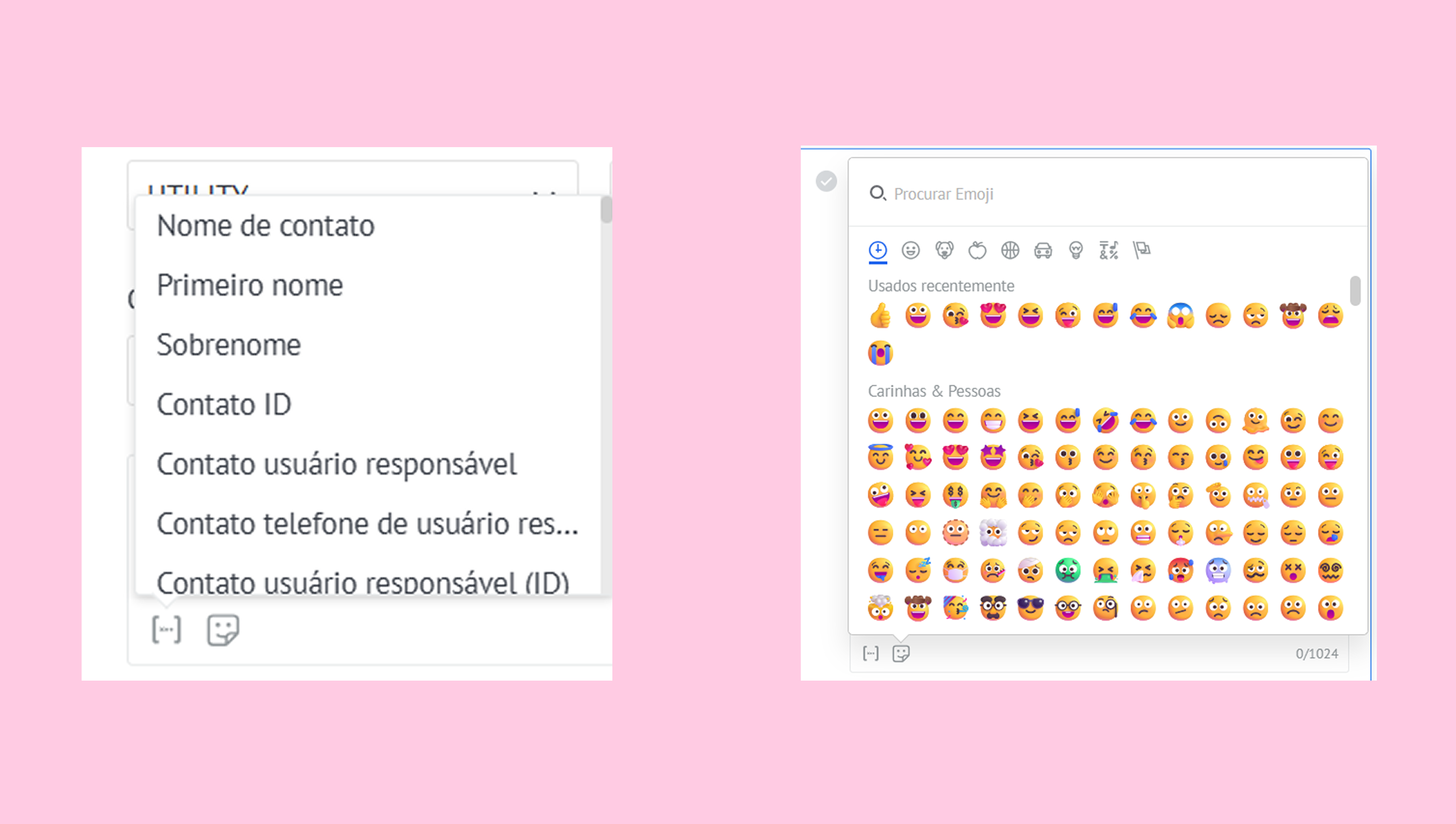Contact information options and emoji selection interface displayed on a pink background.