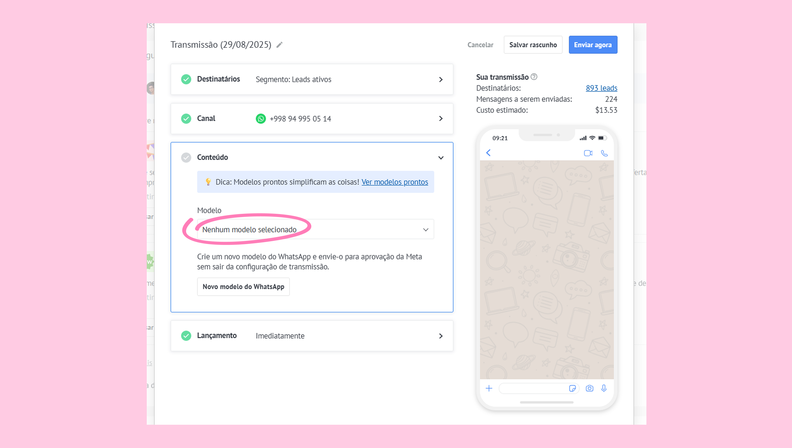 Transmission settings showing no model selected for WhatsApp messaging configuration.