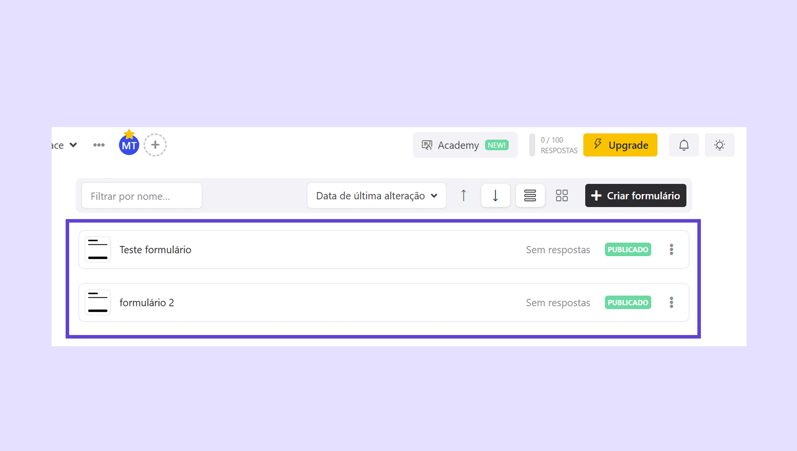 List of published forms with no responses displayed in a user interface.