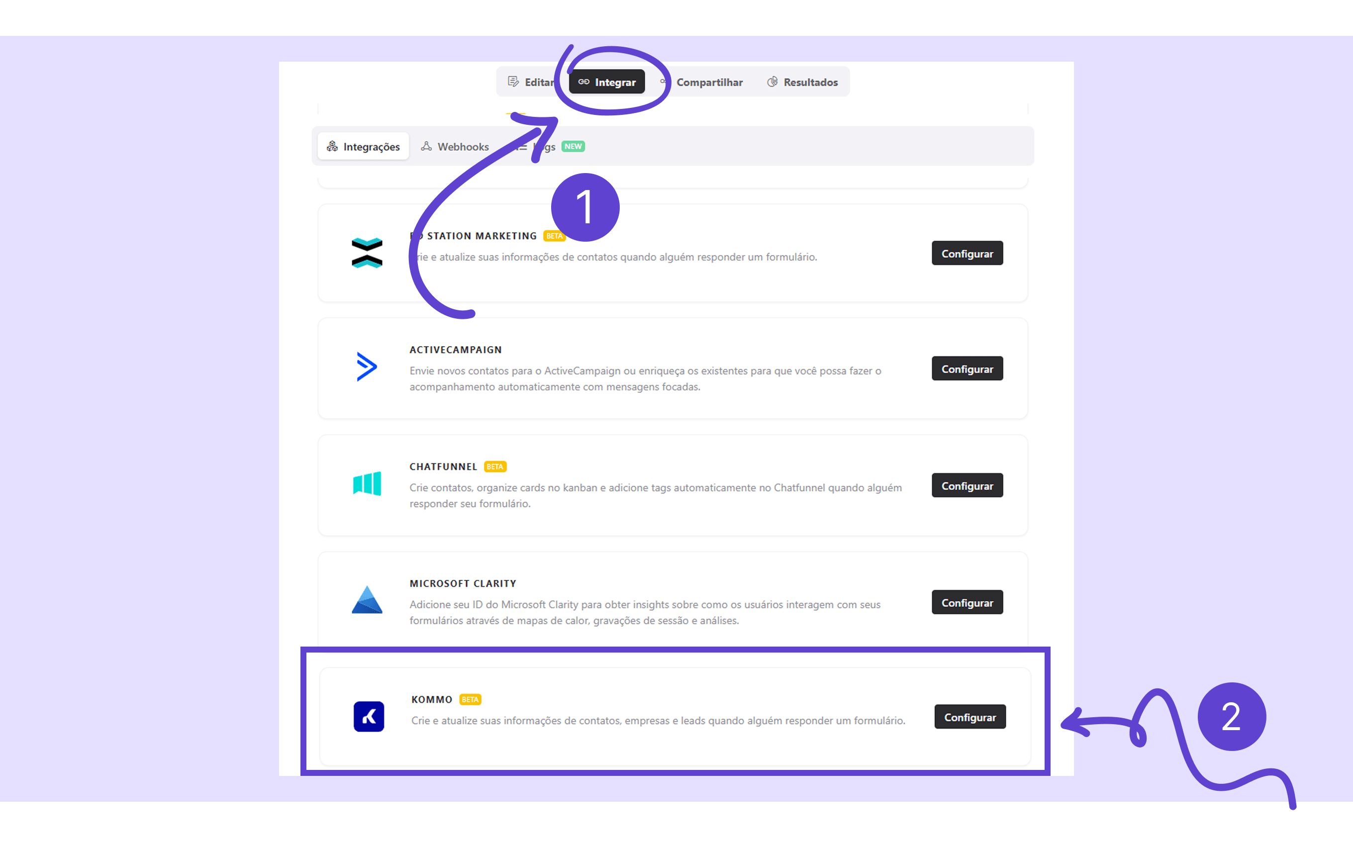 Integration options for various marketing tools, highlighting Kommo for contact management.