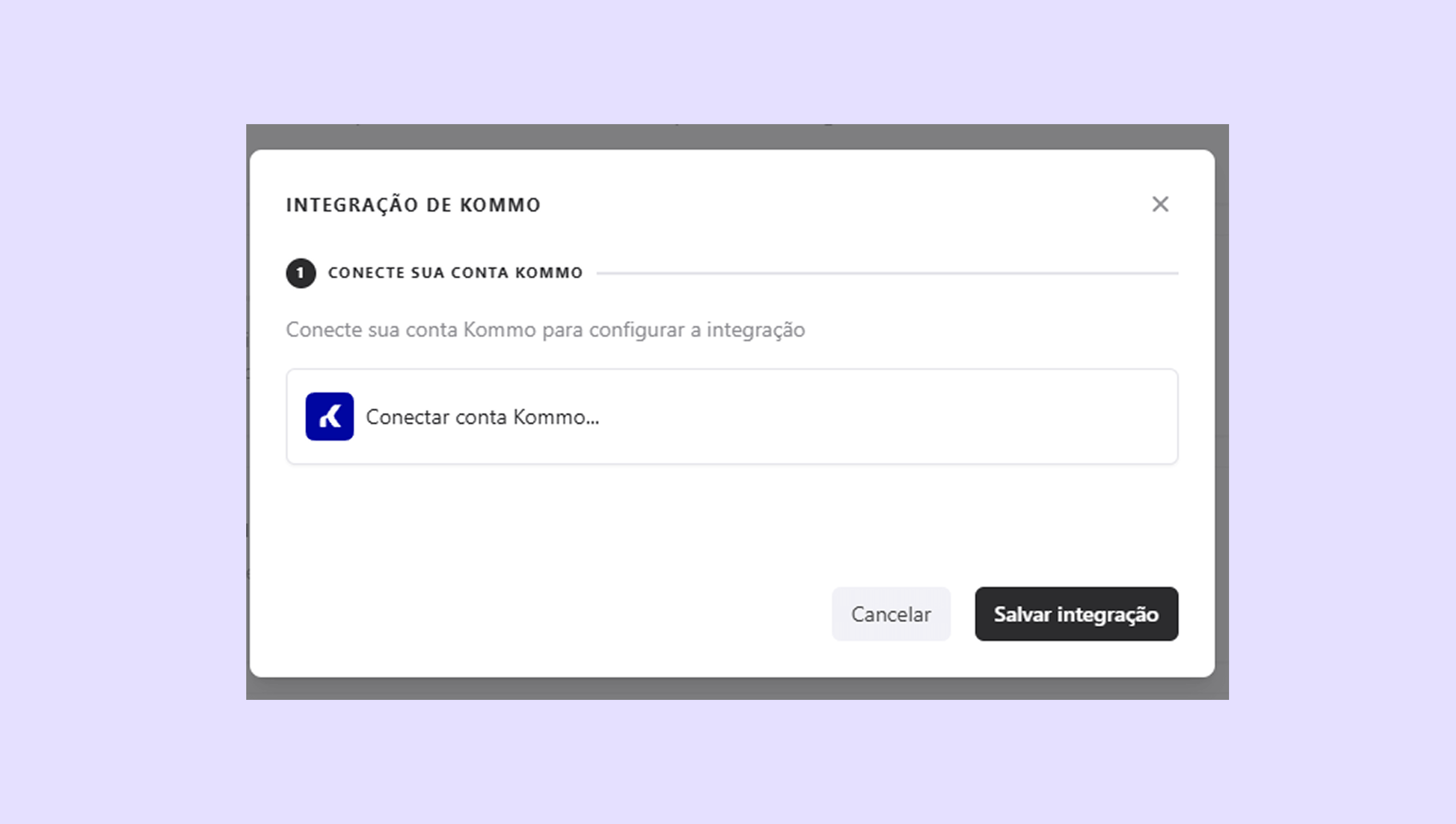 Integration setup screen for connecting a Kommo account with configuration instructions.