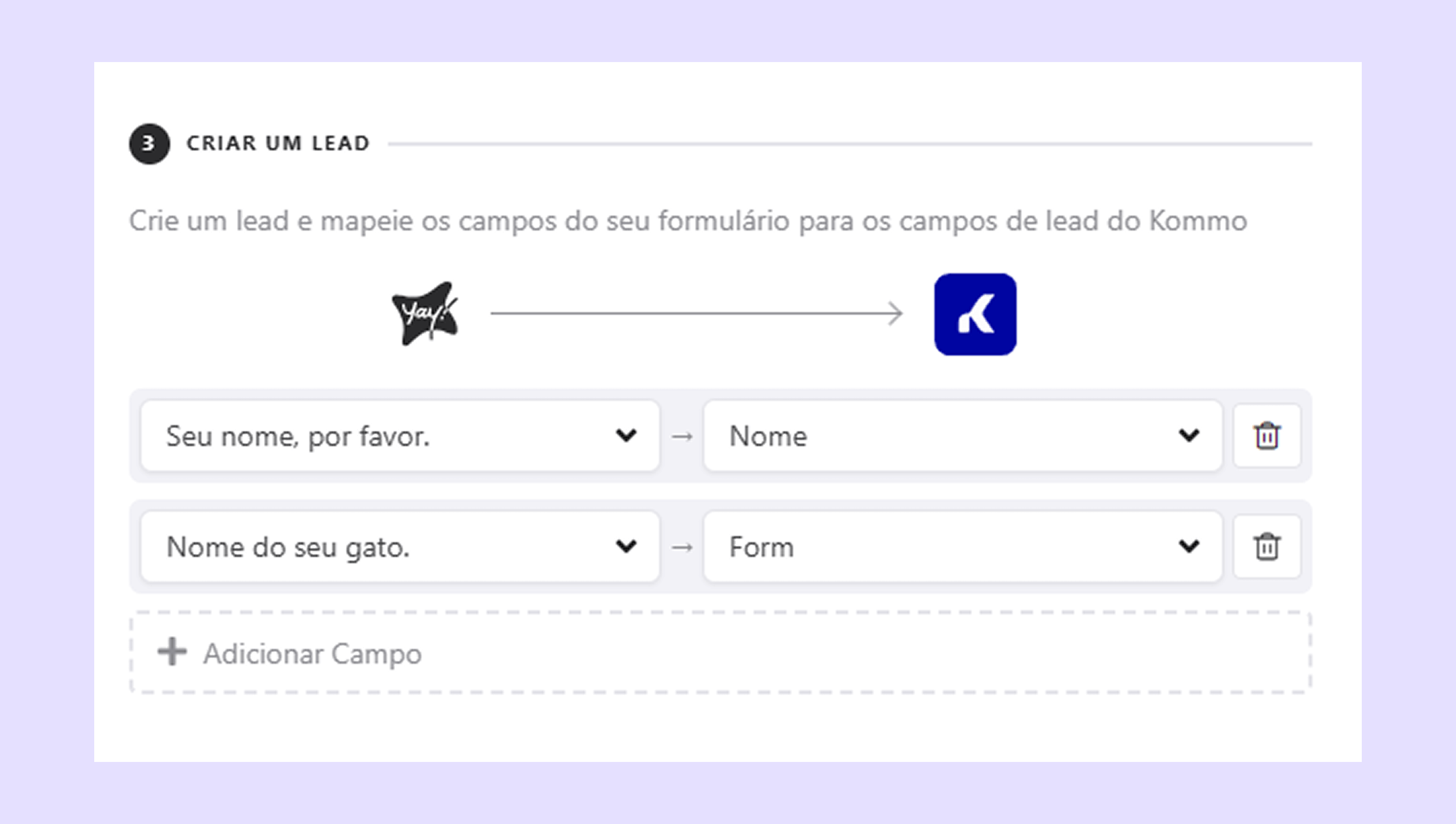 Creating a lead by mapping form fields to Kommo lead fields.