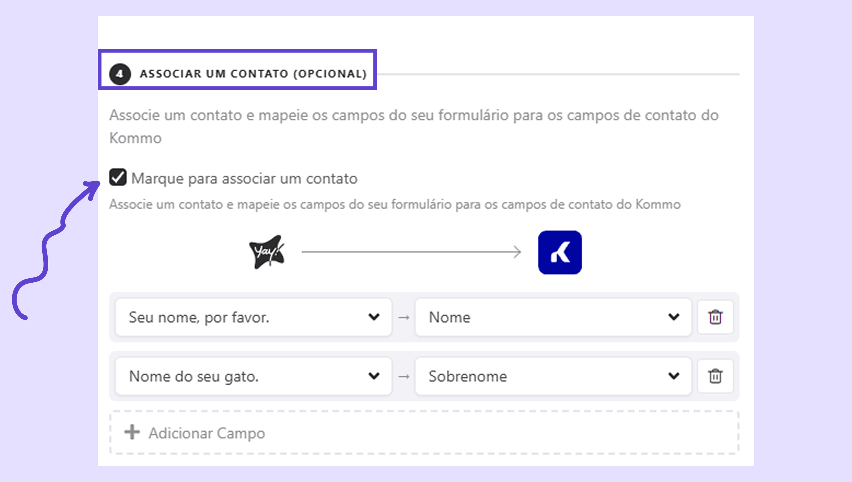 Form section for associating a contact with fields for name and surname.
