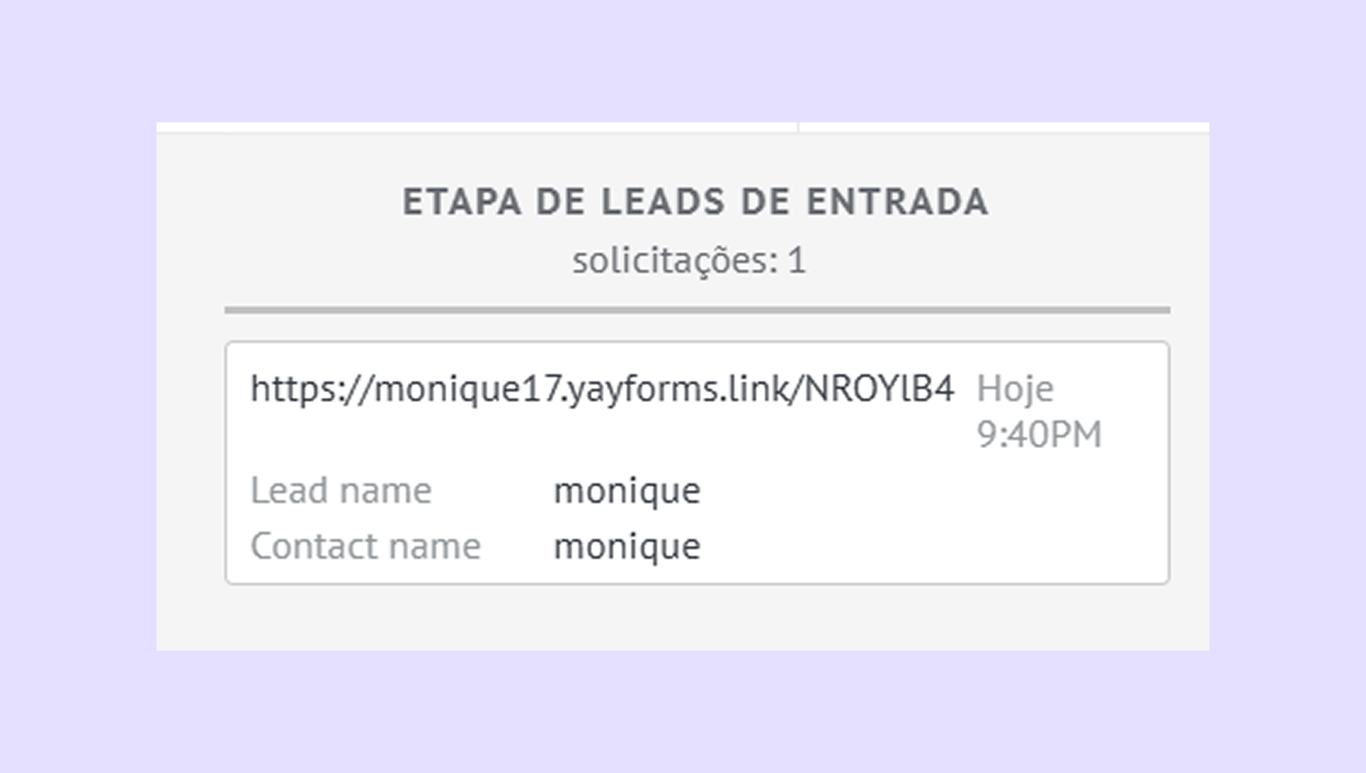 Lead entry stage showing a link and contact details for Monique.